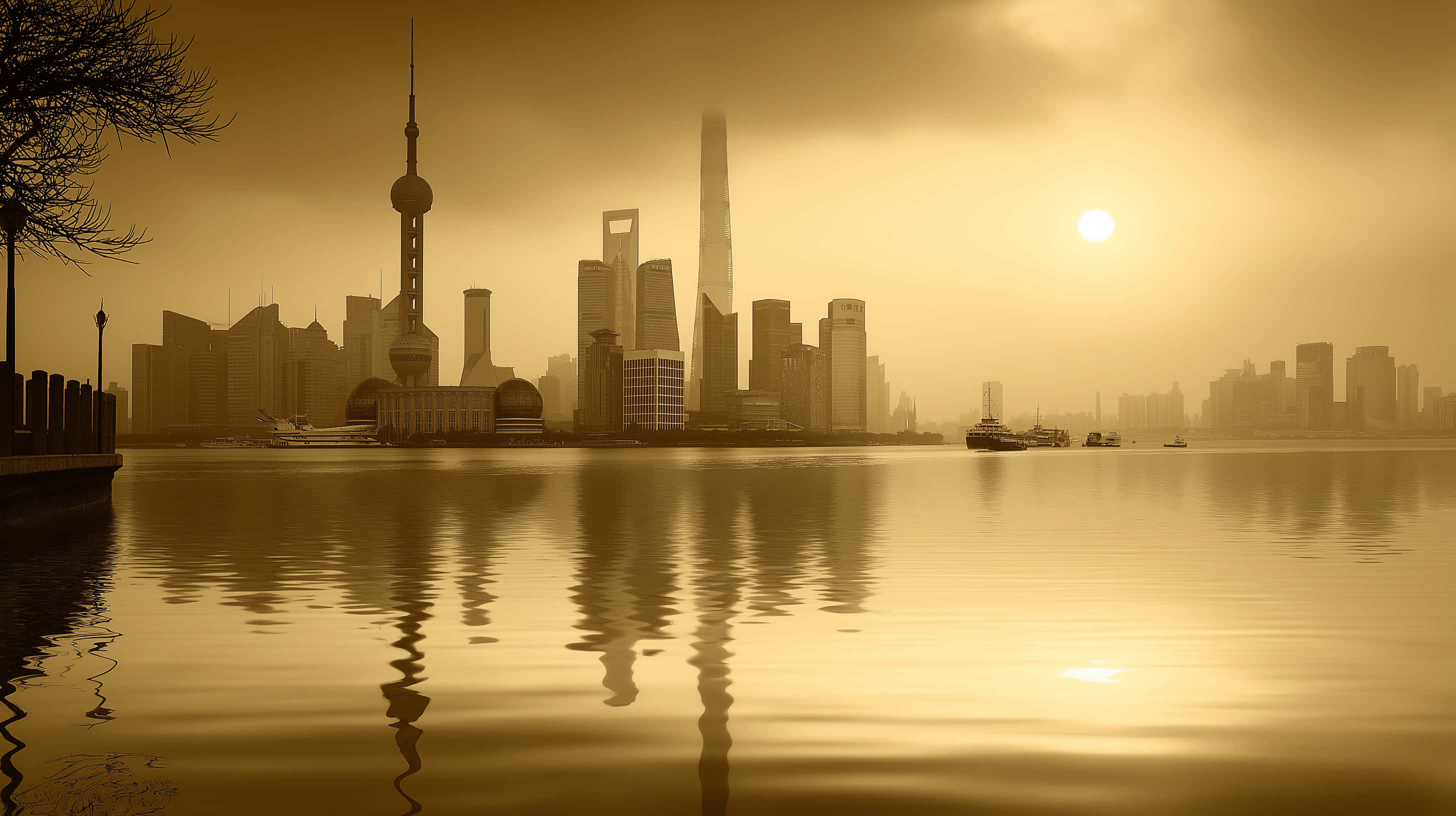 Shanghai skyline, skyscrapers, calm waters, 2K Desktop Wallpaper