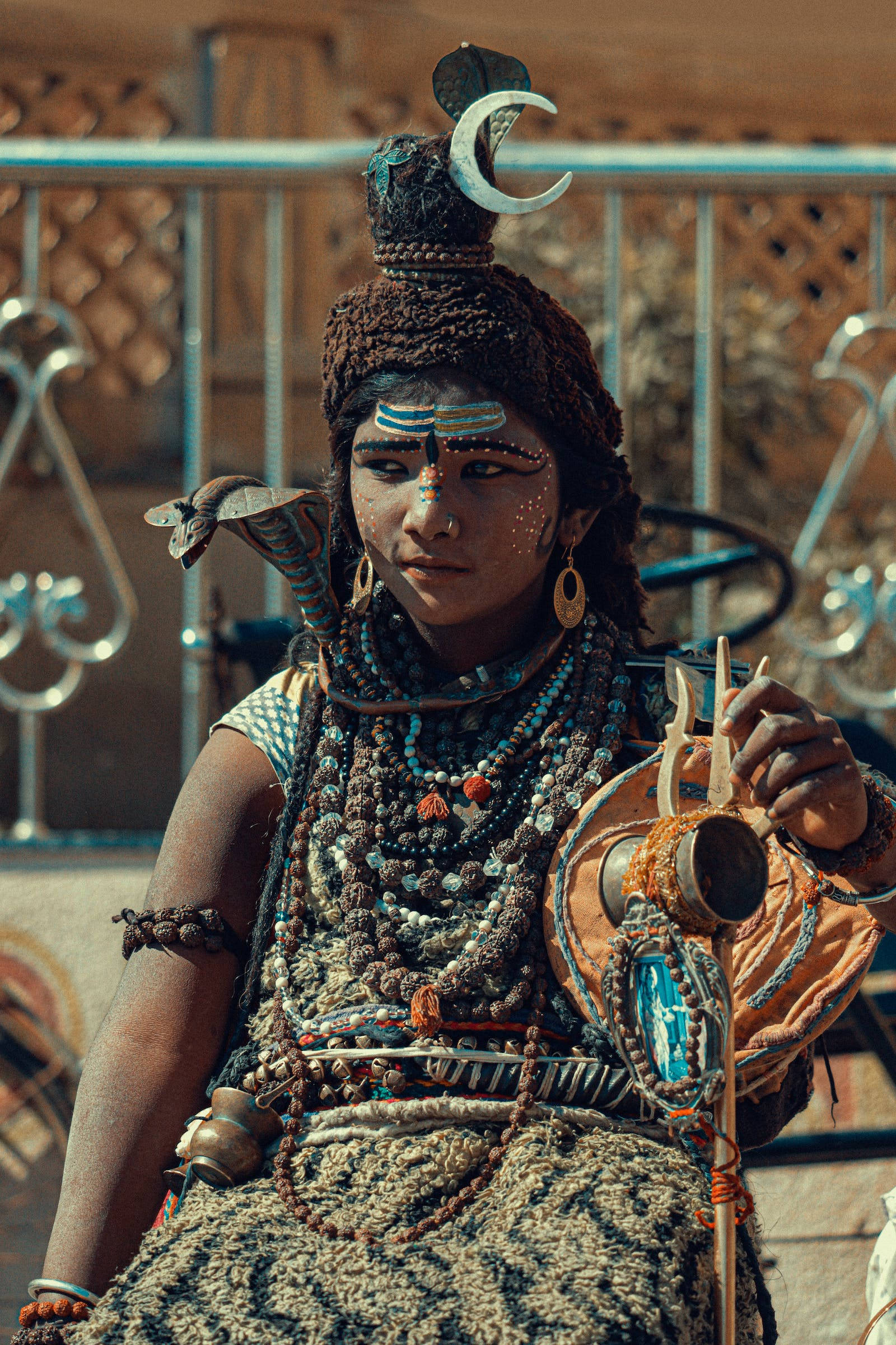 Shankar Bhagwan, crescent moon headdress, elaborate traditional attire, Full HD Phone Wallpaper