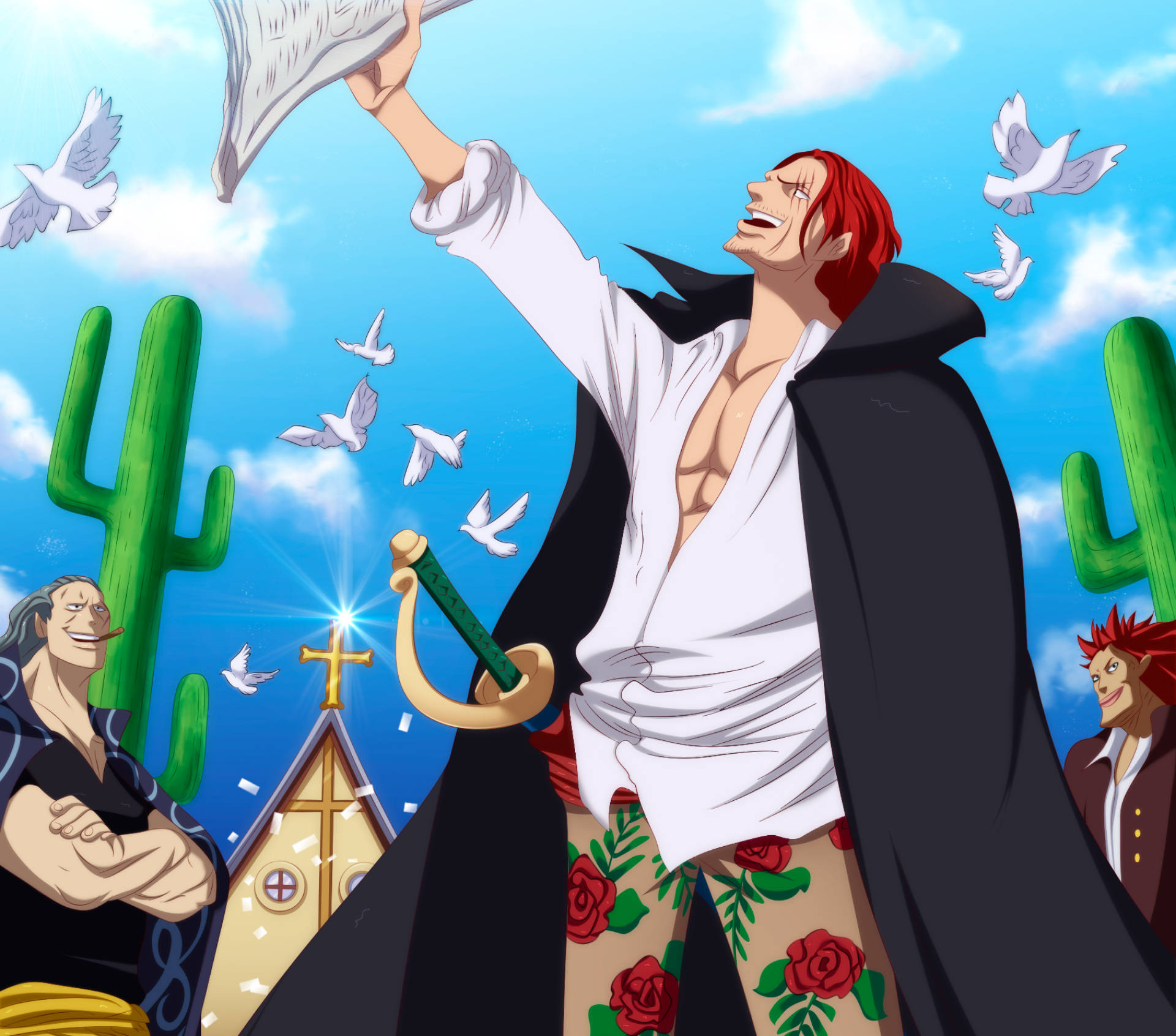 Shanks, red-haired anime pirate, black coat, Full HD Desktop Wallpaper