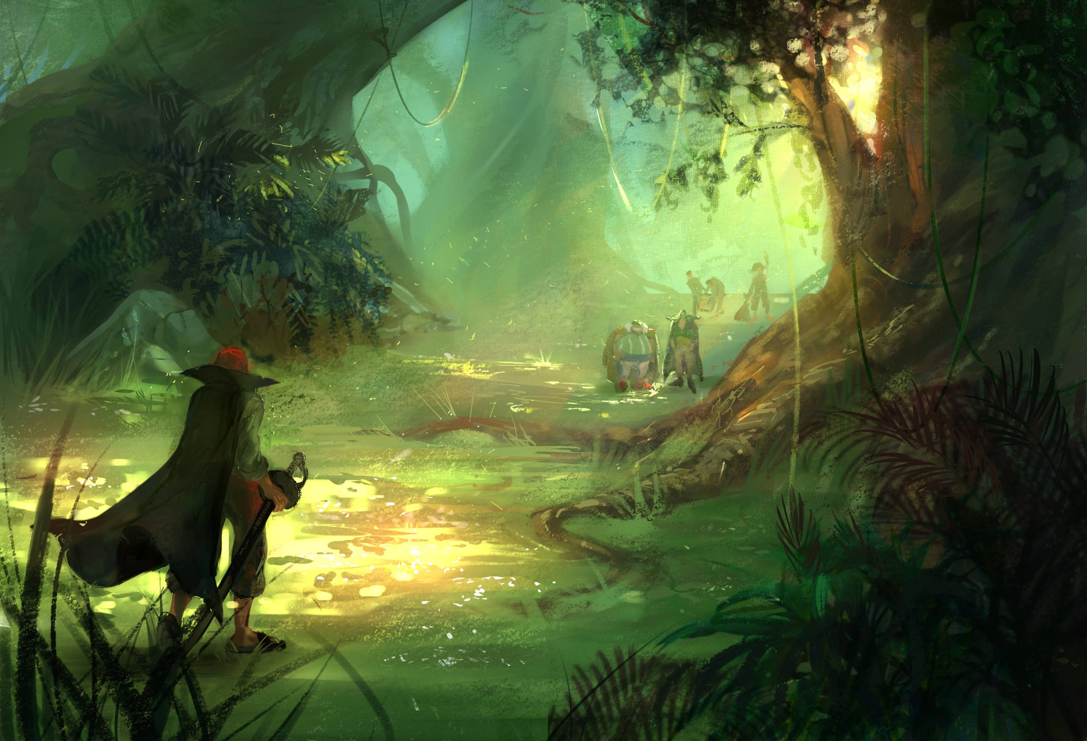 Shanks Team, forest, misty jungle clearing, Full HD Desktop Wallpaper