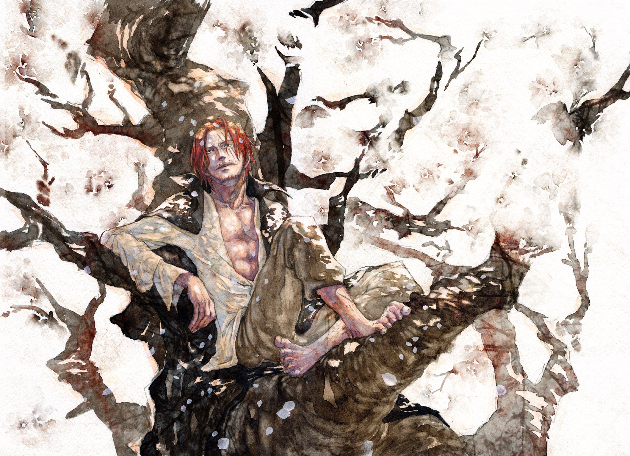 Shanks, red-haired man, gnarled tree branch, Full HD Desktop Wallpaper