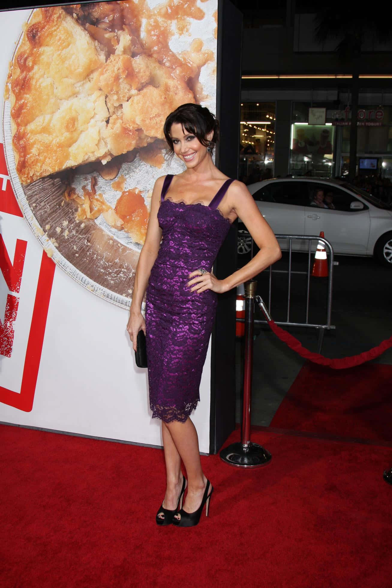 Shannon Elizabeth, purple lace dress, red carpet, Full HD Phone Wallpaper