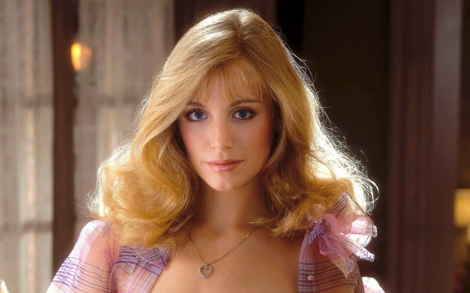 Shannon Tweed, pink plaid blouse, heart necklace, Full HD Desktop Wallpaper