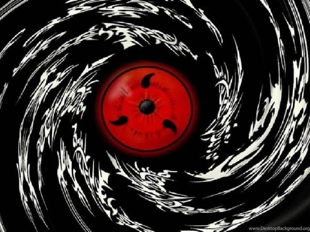 Sharingan, red eye, three black tomoe symbols, SD Desktop Wallpaper