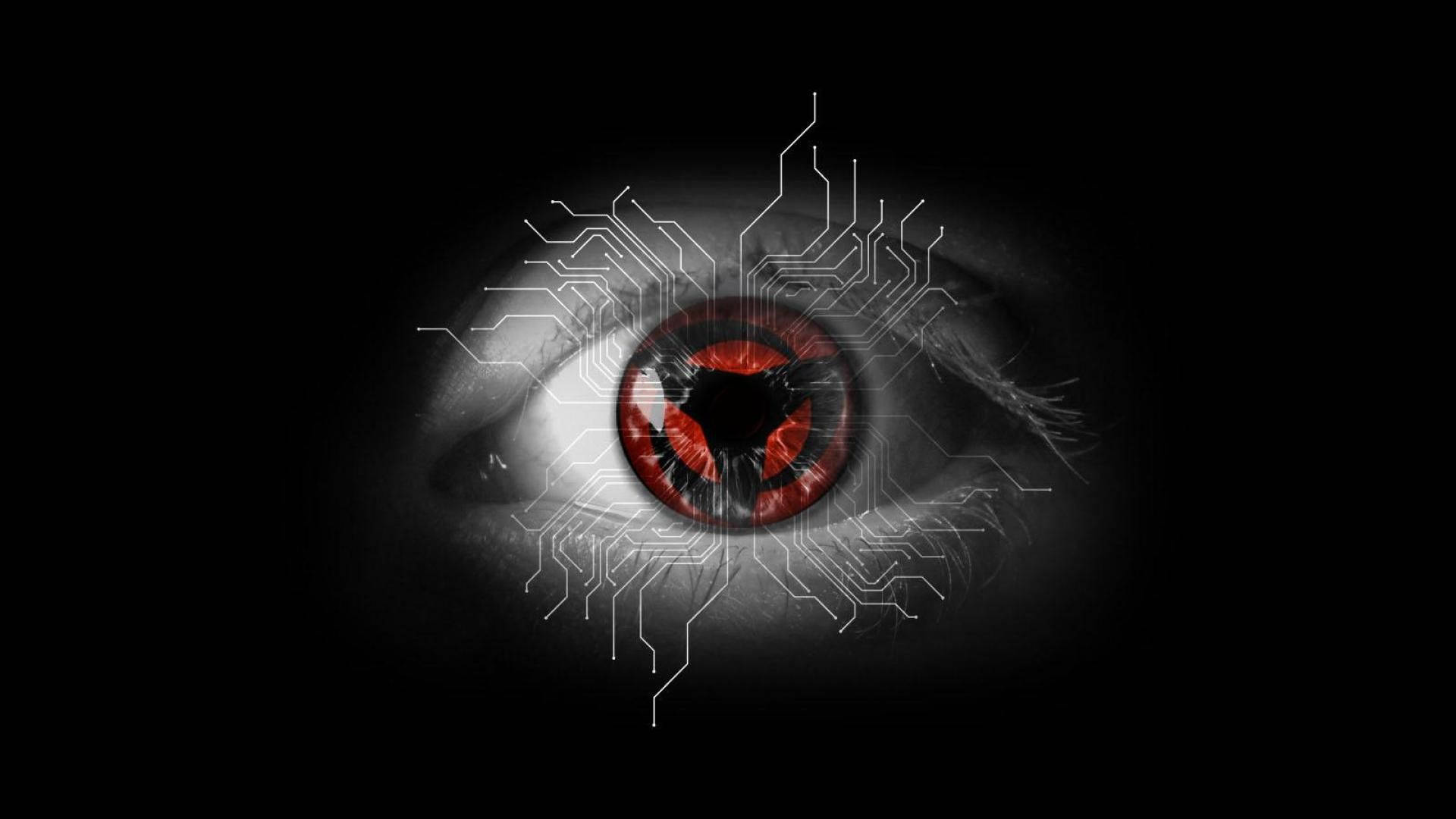 Sharingan, glowing red iris, circuit board patterns, Full HD Desktop Wallpaper