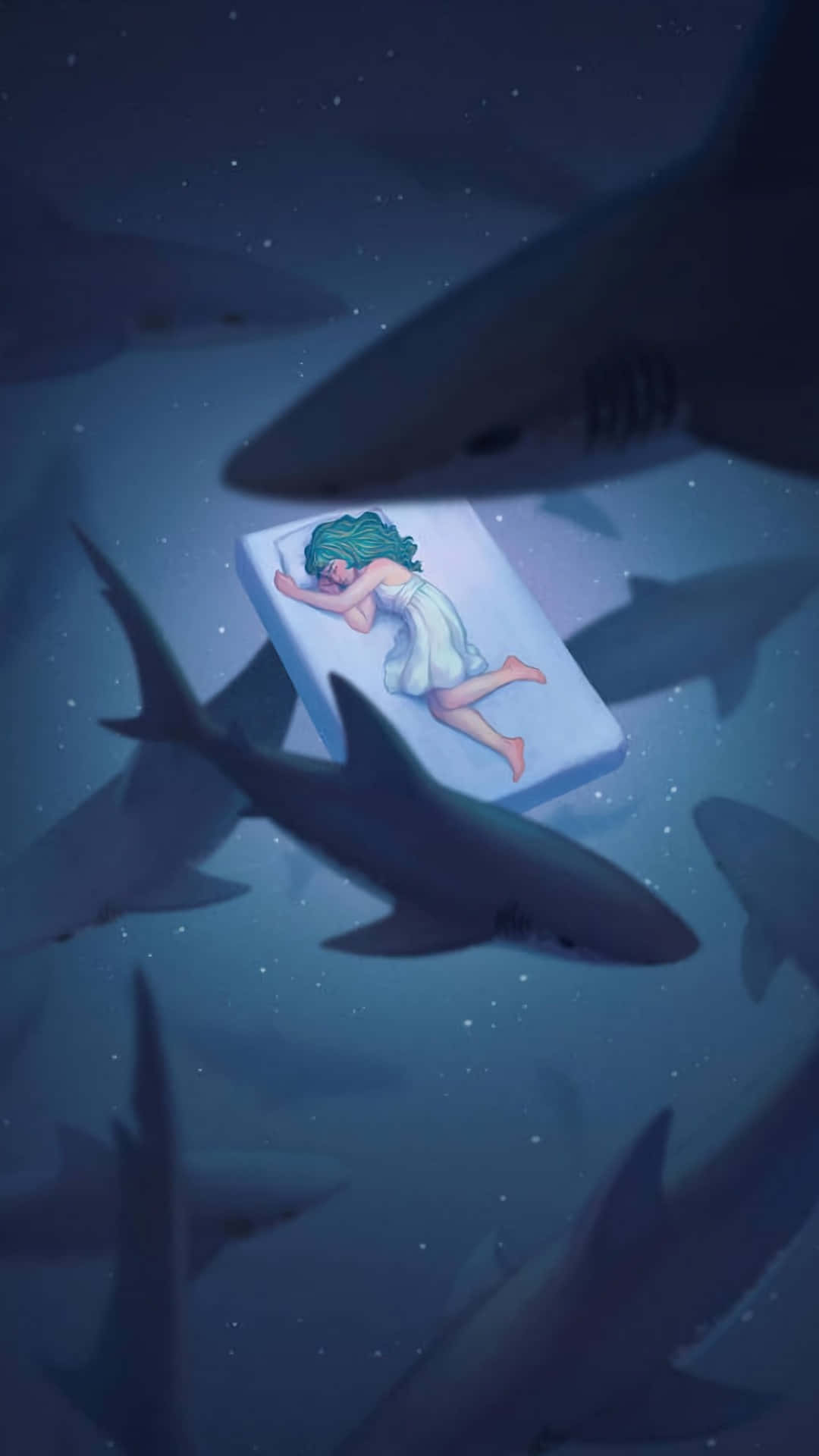 Cool Shark Woman Art, green hair, floating mattress, Full HD Phone Wallpaper
