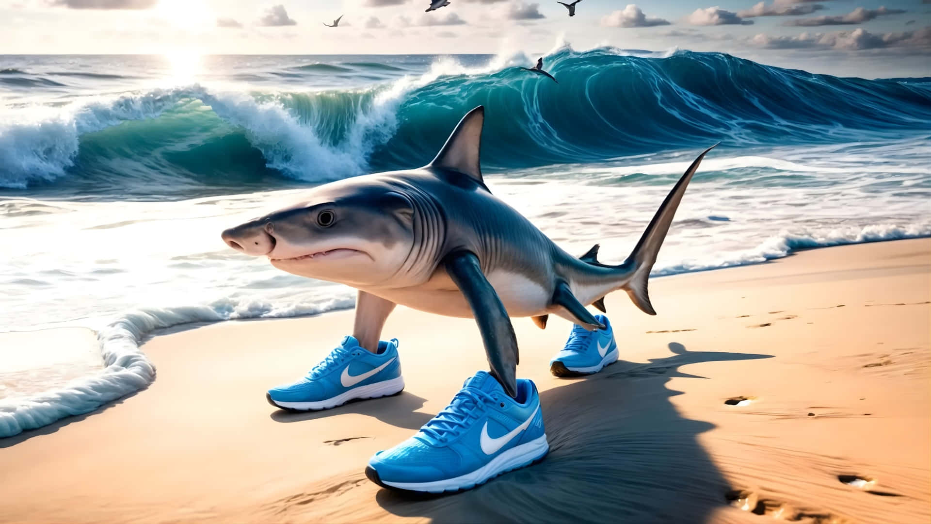shark, bright blue sneakers, sandy beach, Full HD Desktop Wallpaper