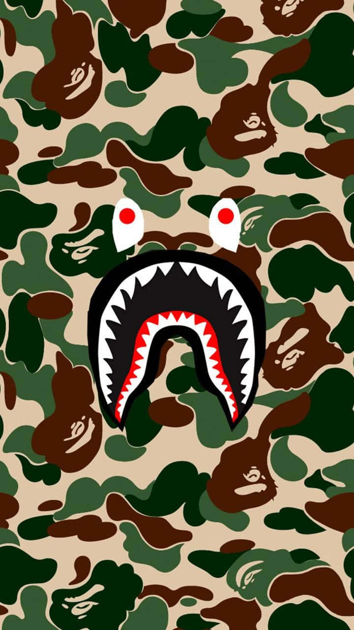 shark mouth camouflage pattern, cartoon shark head, red eyes, HD Phone Wallpaper