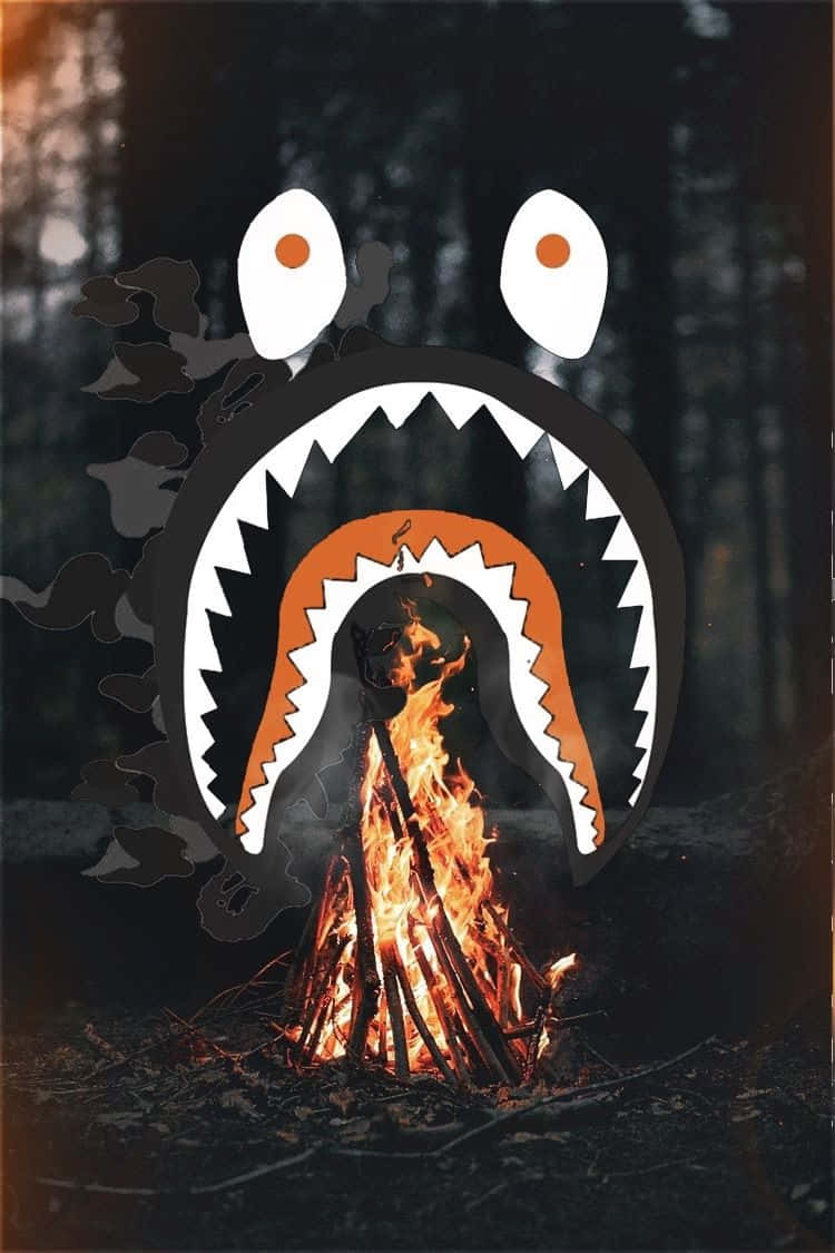 Shark Bape, campfire, dark forest, SD Phone Wallpaper