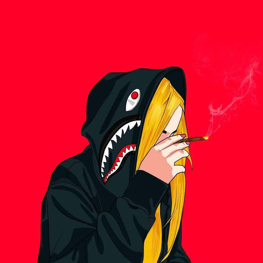 shark hoodie, blonde anime girl, black shark hoodie, SD Desktop Wallpaper