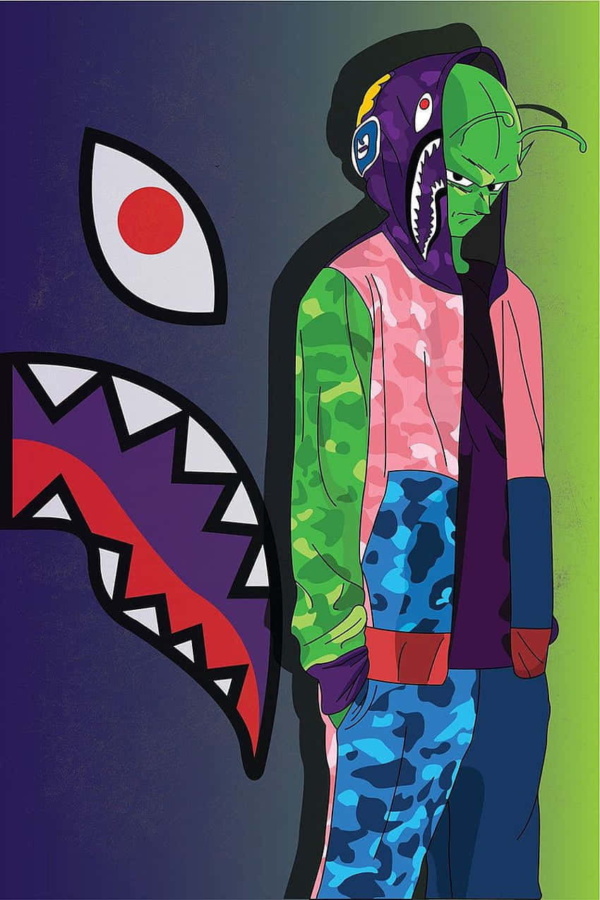shark-mouth hoodie, green-skinned anime character, giant shark head, SD Phone Wallpaper
