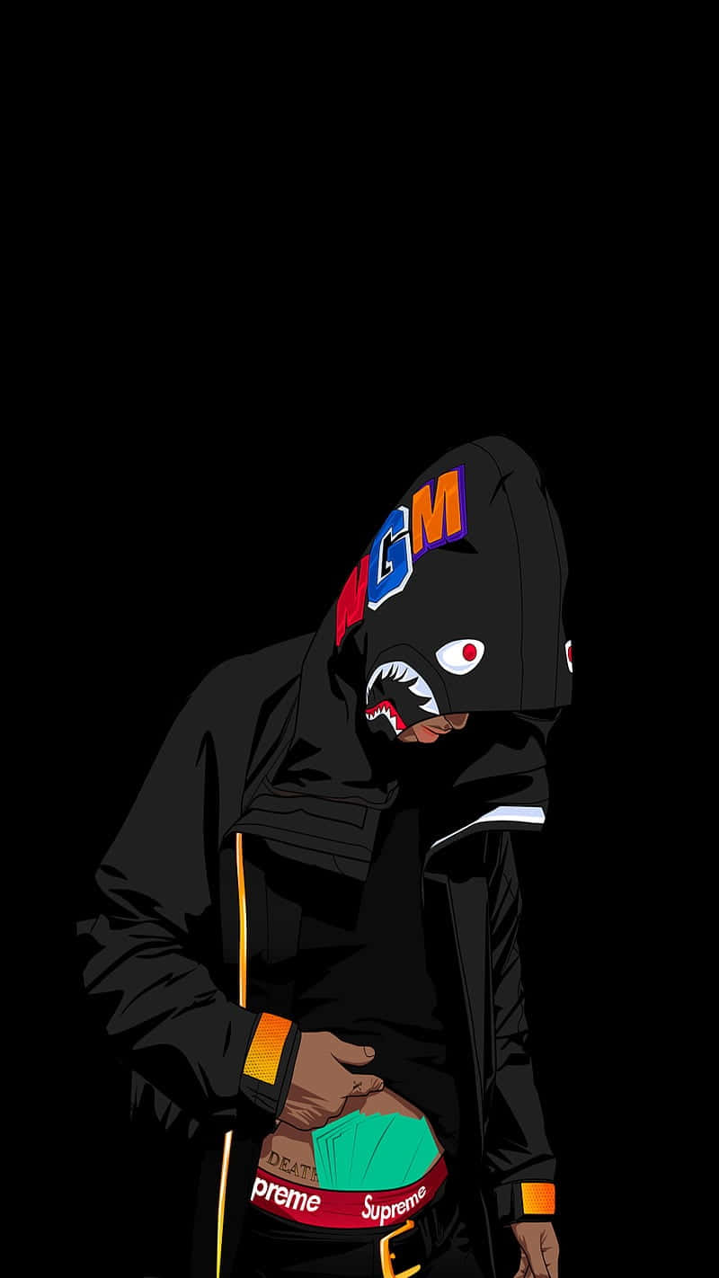 shark face mask, black hoodie, colorful logos, HD Phone Wallpaper