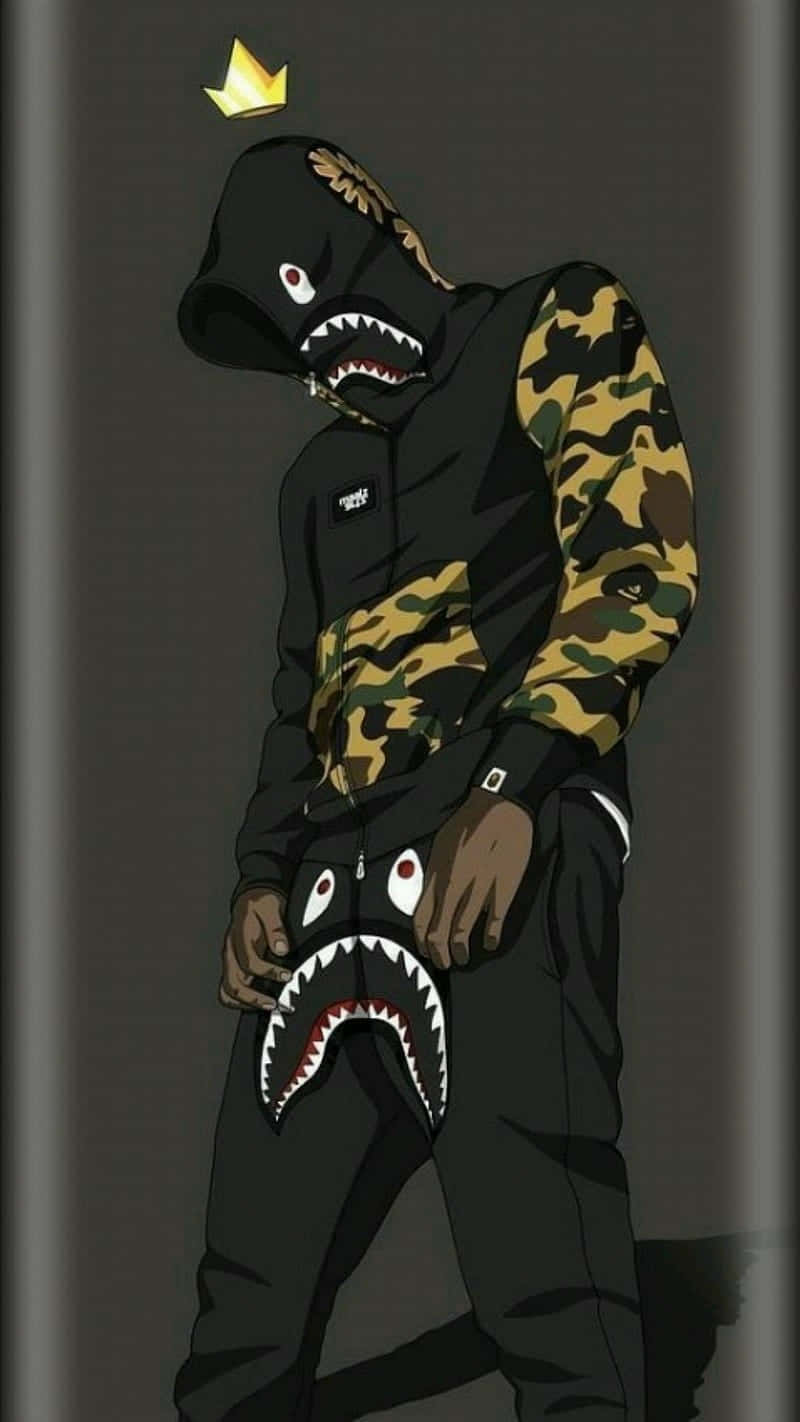 shark-mouth hoodie, camouflage sleeve, gold crown, HD Phone Wallpaper