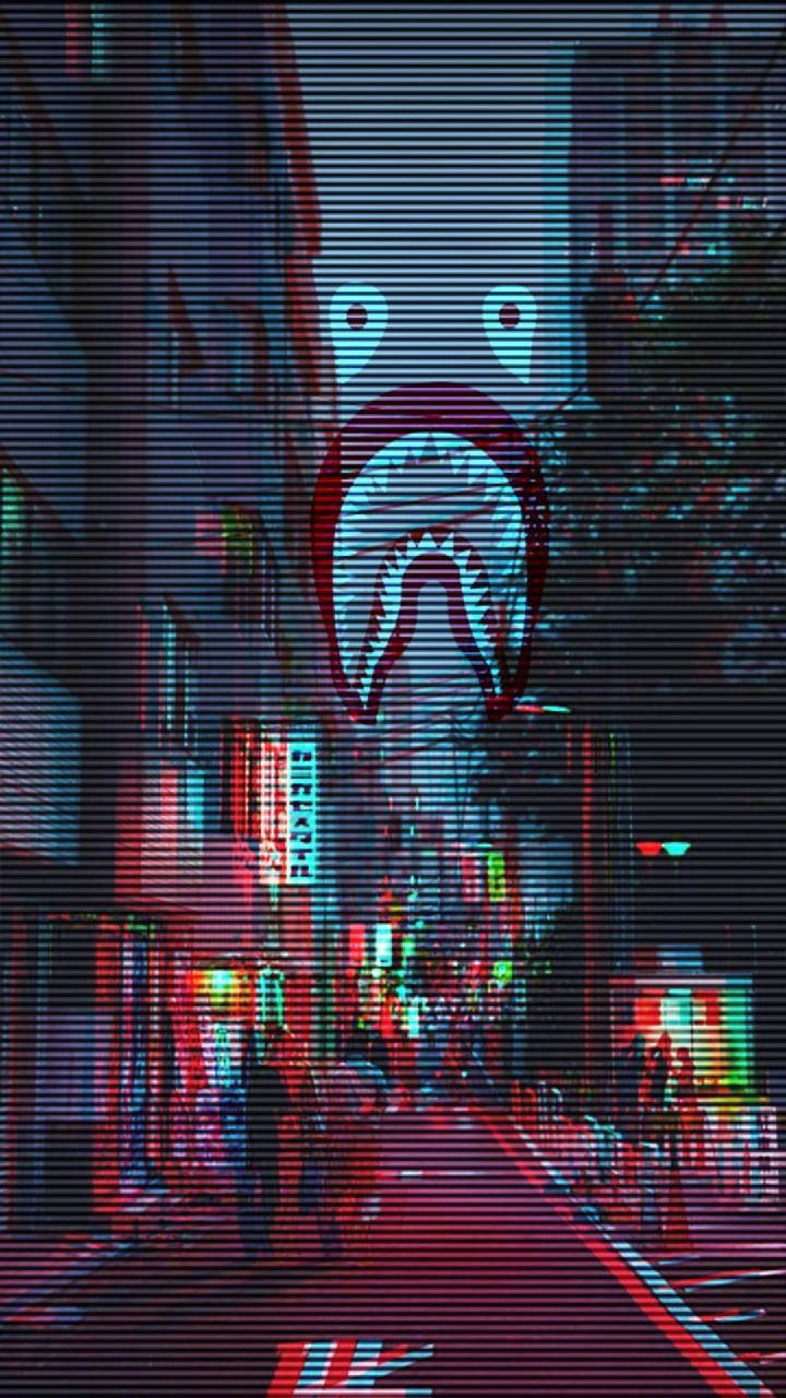 BAPE, Shark design, glitchy neon-lit urban street, HD Phone Wallpaper