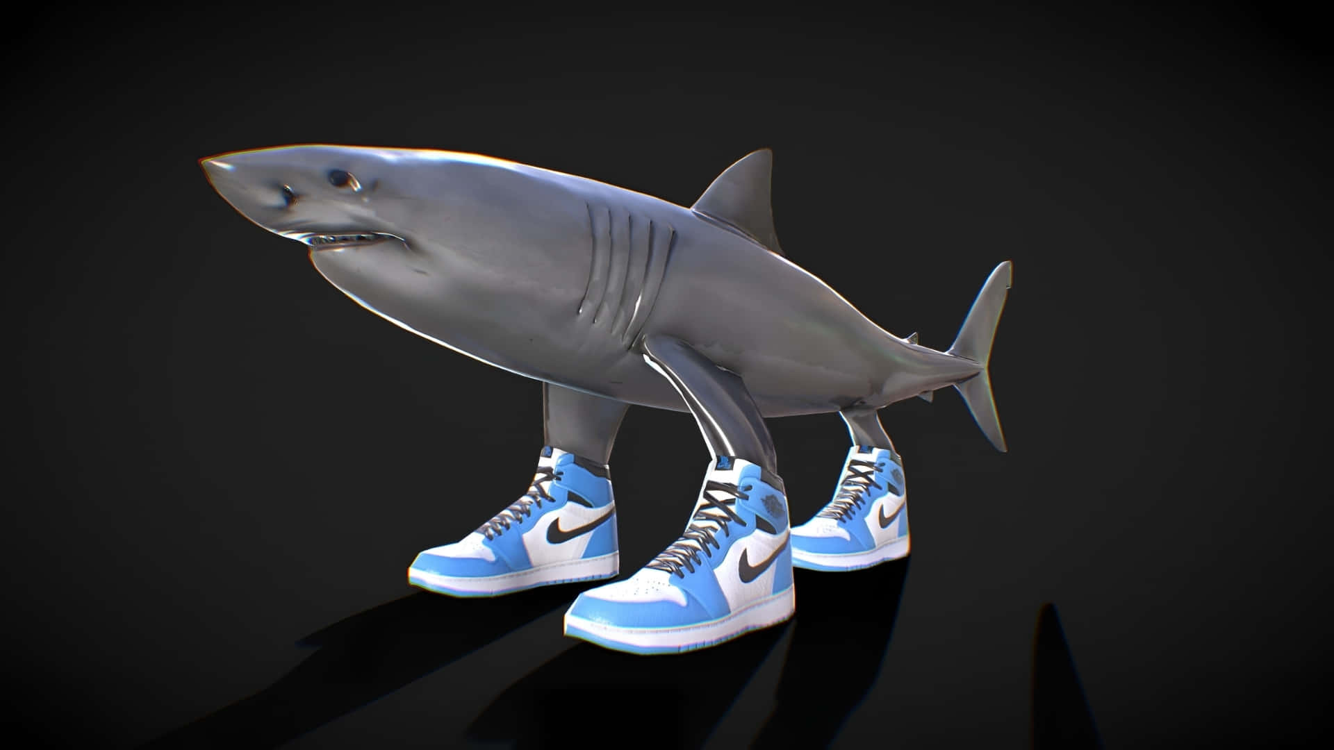 metallic gray shark, light blue and white Nike sneakers, dark reflective surface, Full HD Desktop Wallpaper