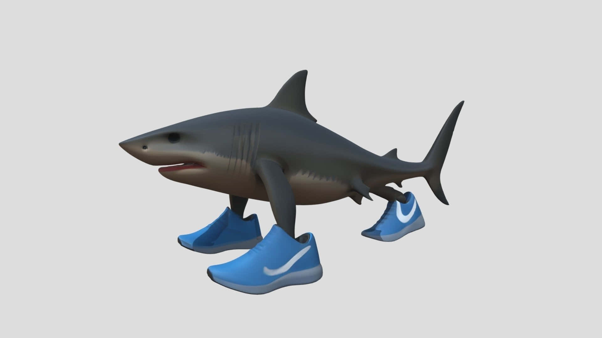 shark, blue Nike sneakers, light gray background, Full HD Desktop Wallpaper