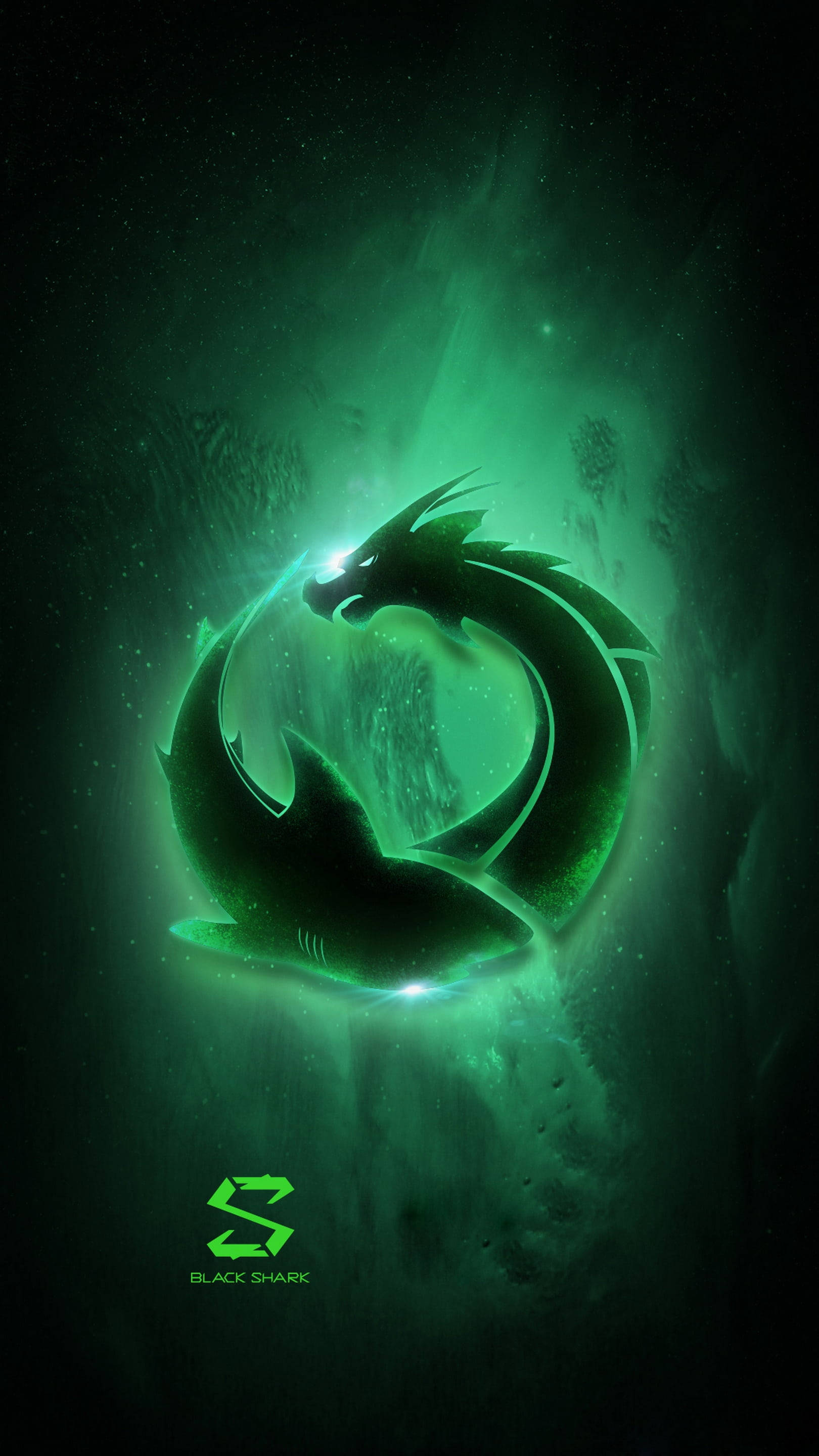 black and green dragon shark, glowing green dragon logo, dark cosmic background, 2K Phone Wallpaper