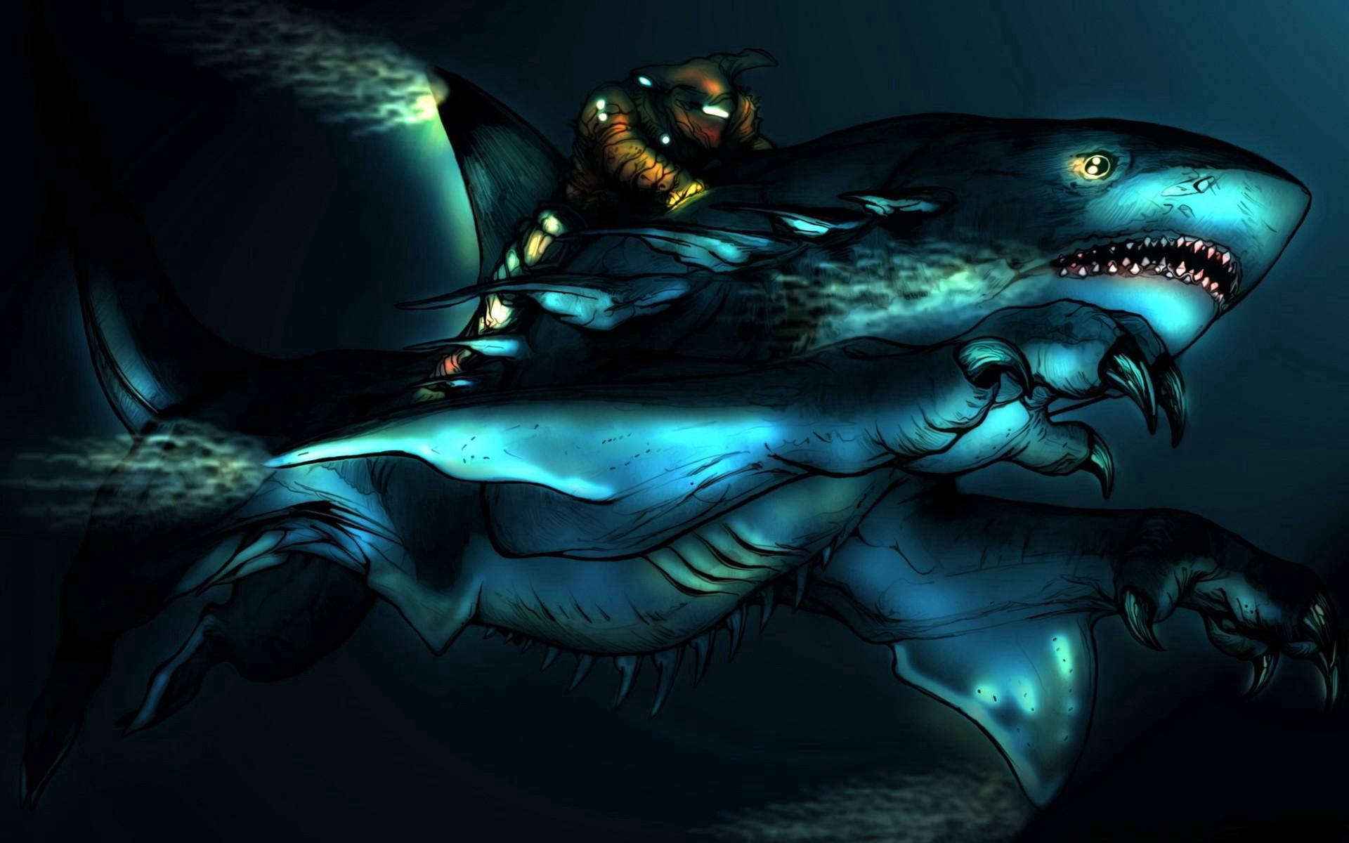 shark monster with feet, glowing eyes, armor, Full HD Desktop Wallpaper
