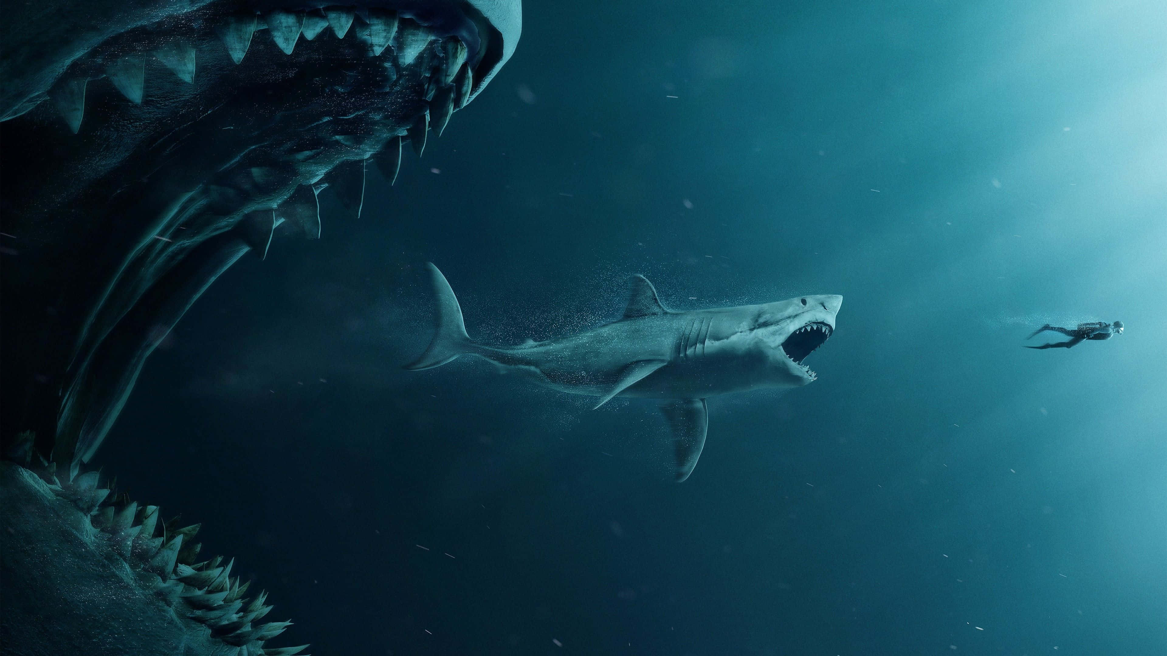 Scary Shark, giant shark, smaller shark, 4K Desktop Wallpaper
