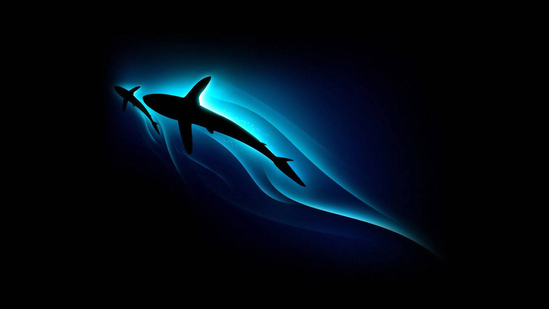 blue illuminating sharks silhouette, glowing blue light trail, deep ocean darkness, Full HD Desktop Wallpaper