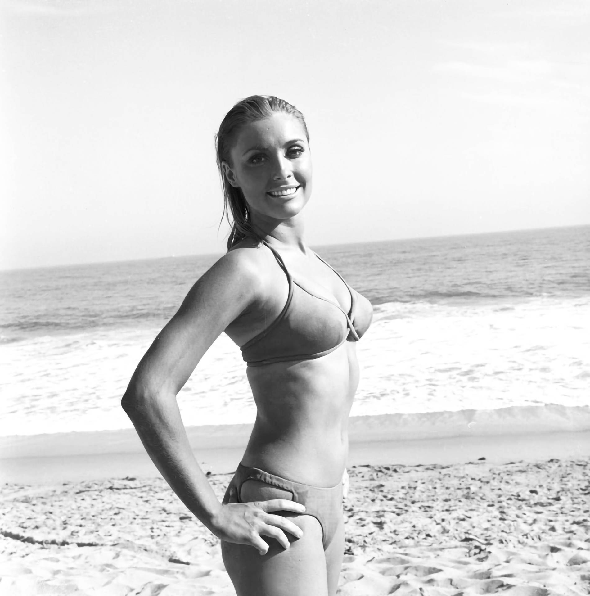 Sharon Tate, bikini, sunlit beach, Full HD Phone Wallpaper