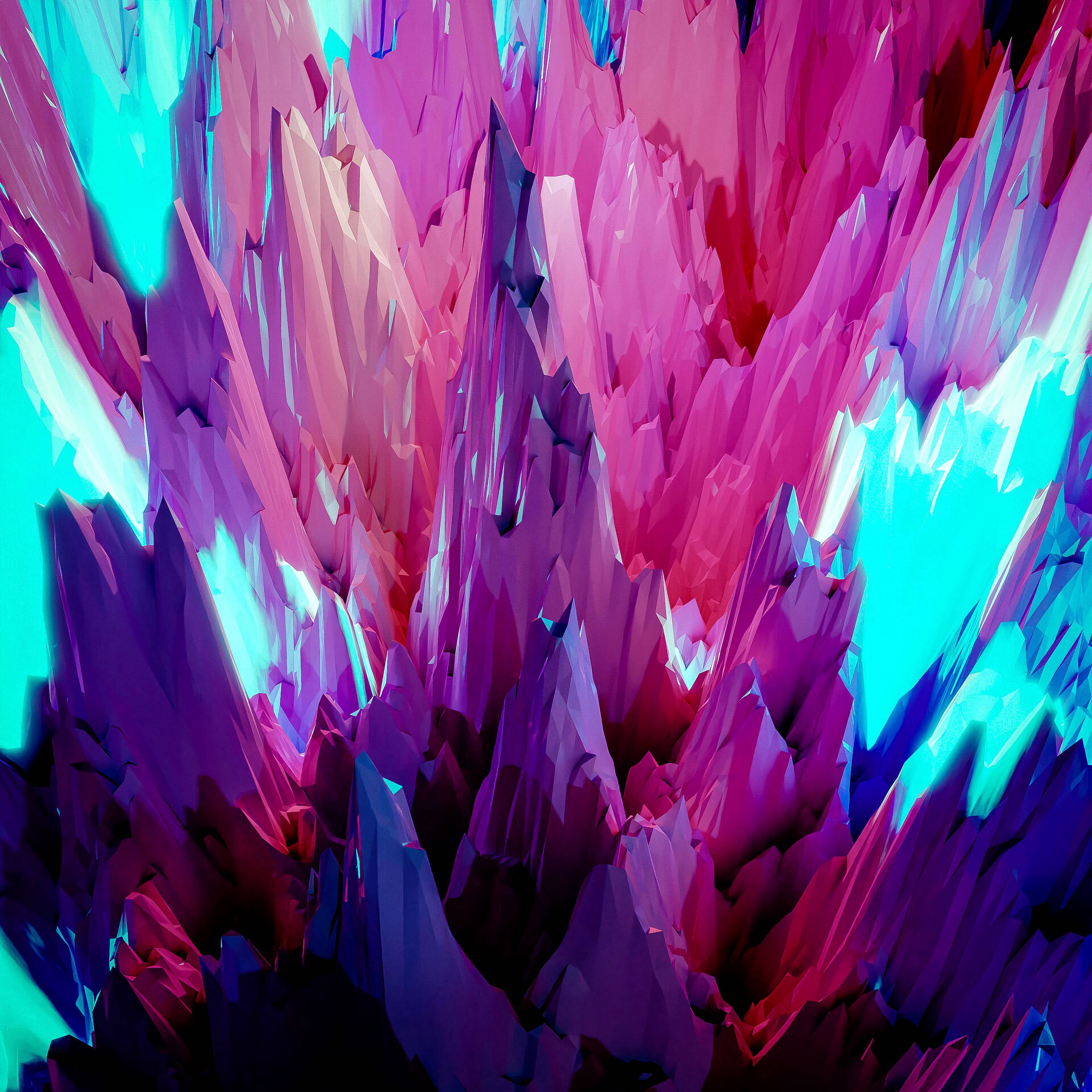 neon pink, cyan, crystalline spikes, 4K Desktop Wallpaper