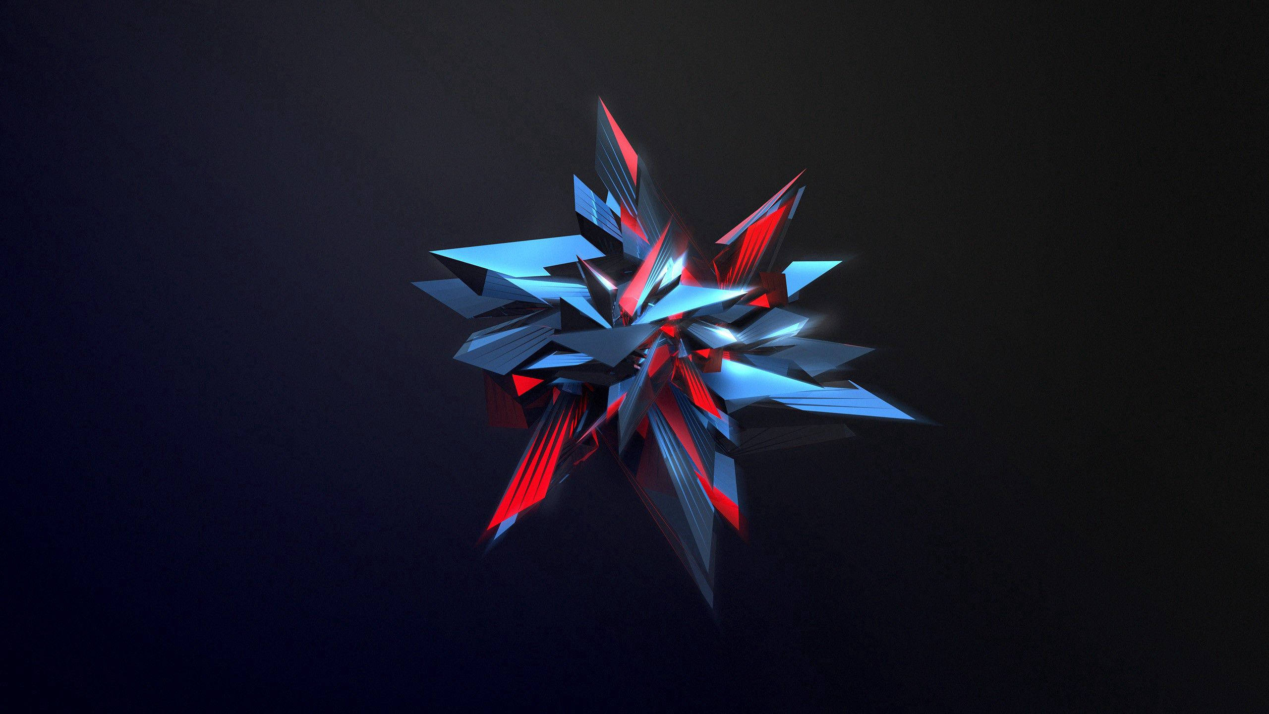 glowing blue and red geometric crystal, dark gradient background, sharp facets, 2K Desktop Wallpaper