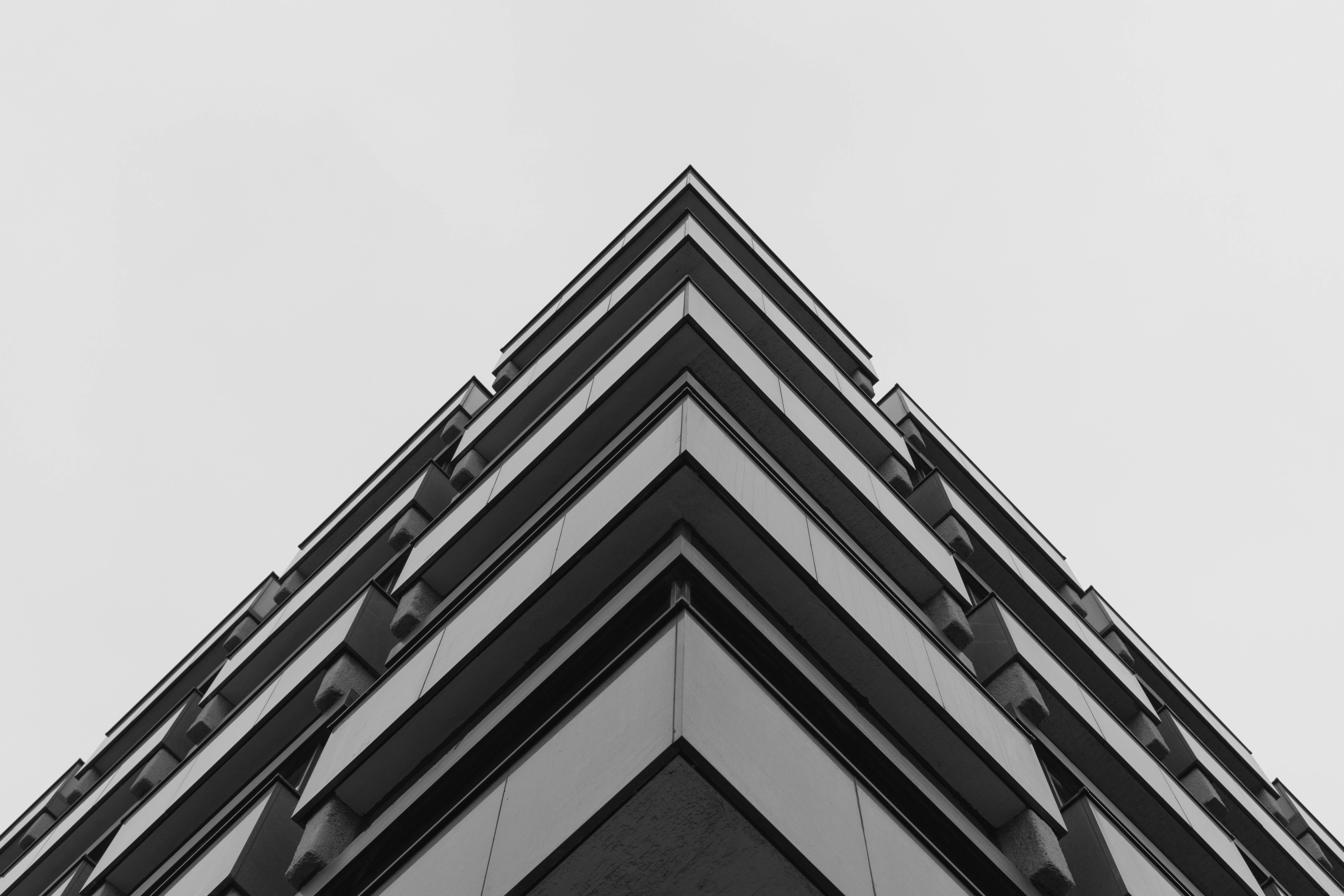 gray concrete building, sharp edge, black and white, 5K Desktop Wallpaper