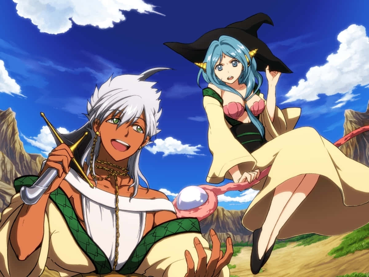 Sharrkan, white-haired swordsman, blue-haired witch, SD Desktop Wallpaper