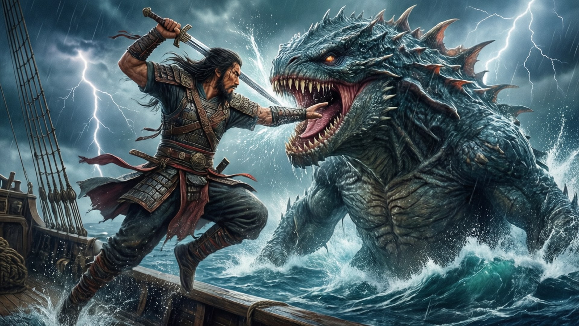 Sharrkan, giant sea monster, storm, Full HD Desktop Wallpaper
