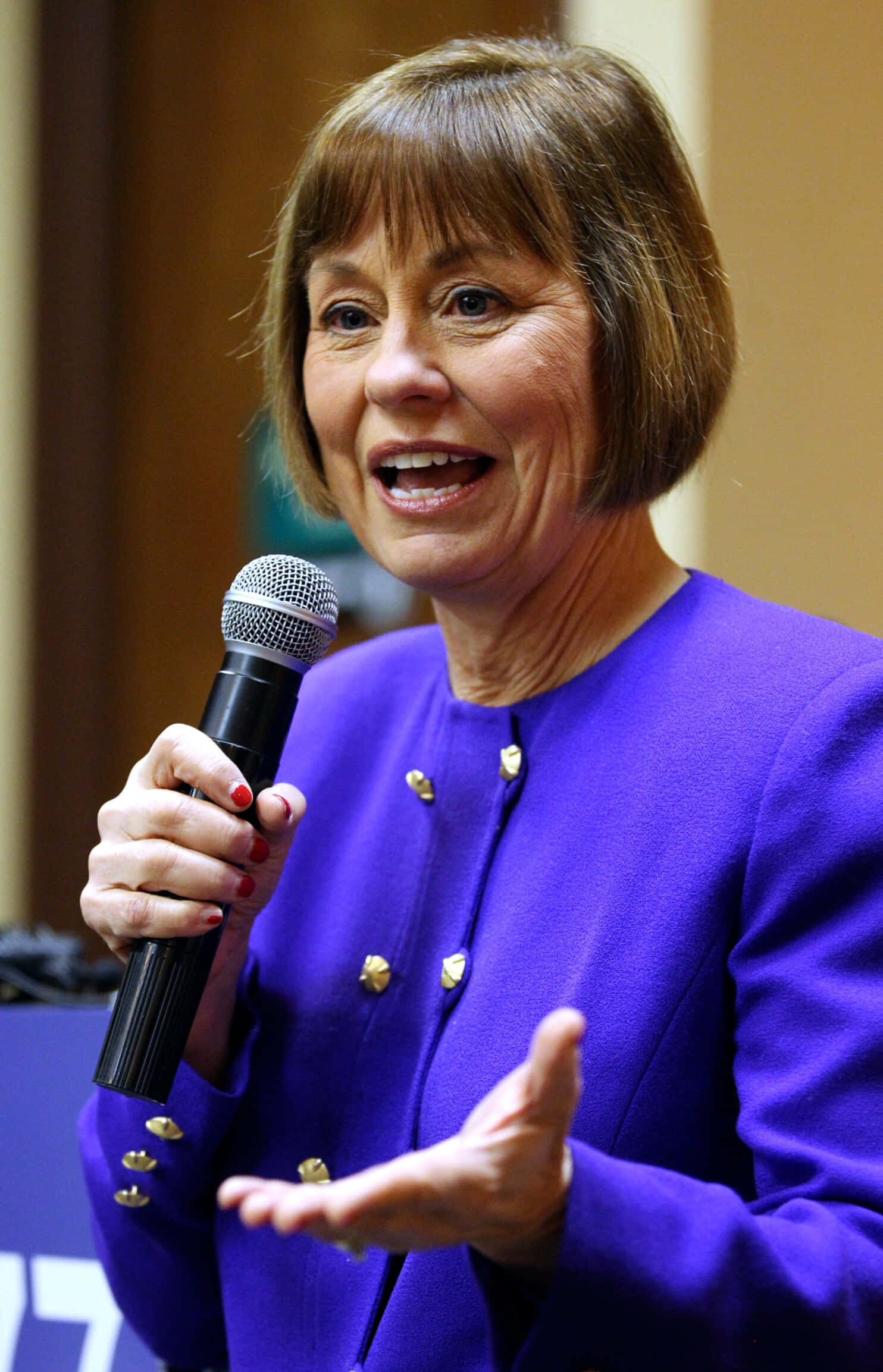 Sharron Angle, vibrant purple blazer, microphone, Full HD Phone Wallpaper