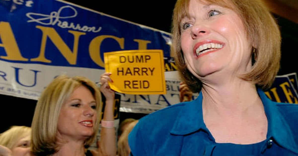 Sharron Angle, blue blouse, yellow sign, SD Desktop Wallpaper