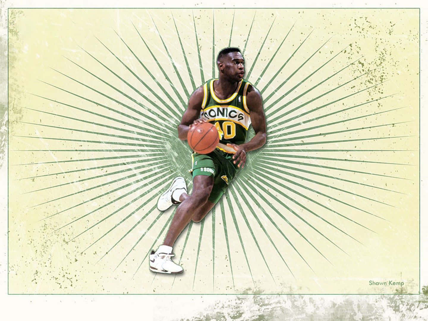 Shawn Kemp, green and yellow Sonics jersey, dribbling, HD Desktop Wallpaper