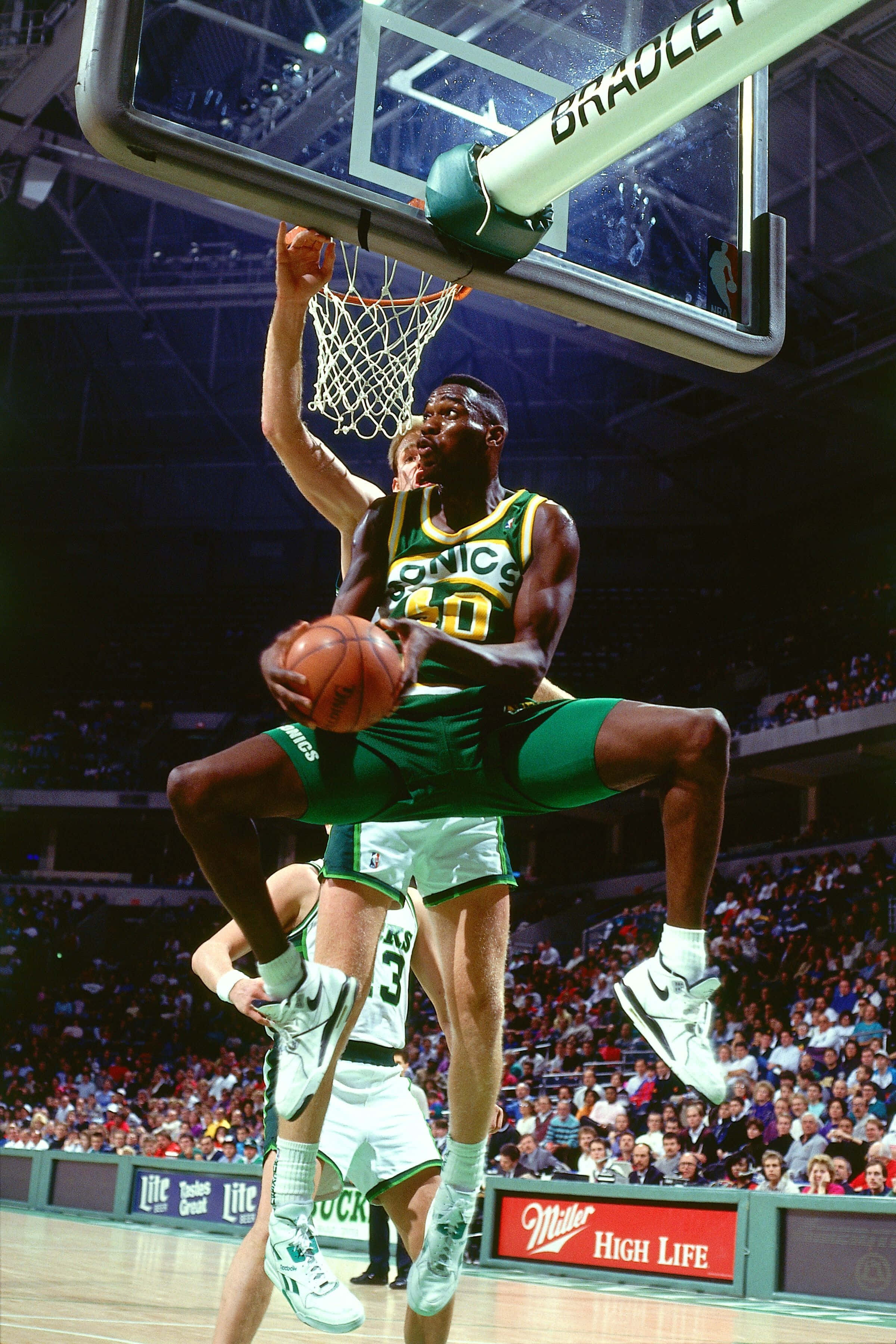 Shawn Kemp, green and white uniform, dunks the ball, 2K Phone Wallpaper