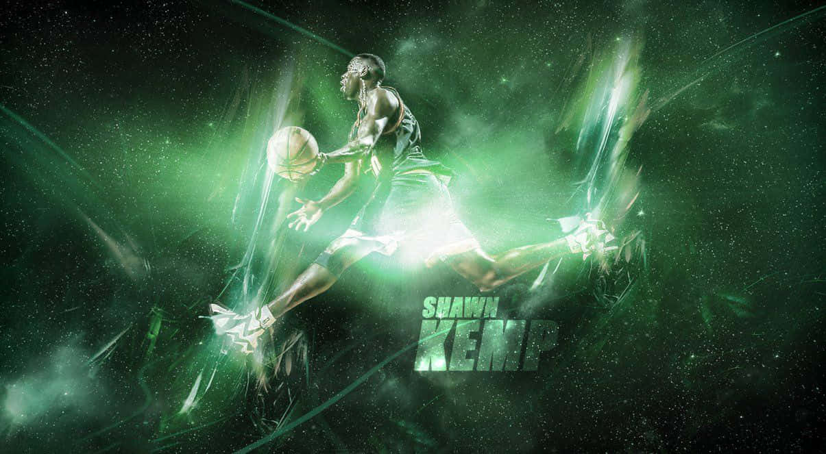 Shawn Kemp, glowing green cosmic background, energy trails, SD Desktop Wallpaper