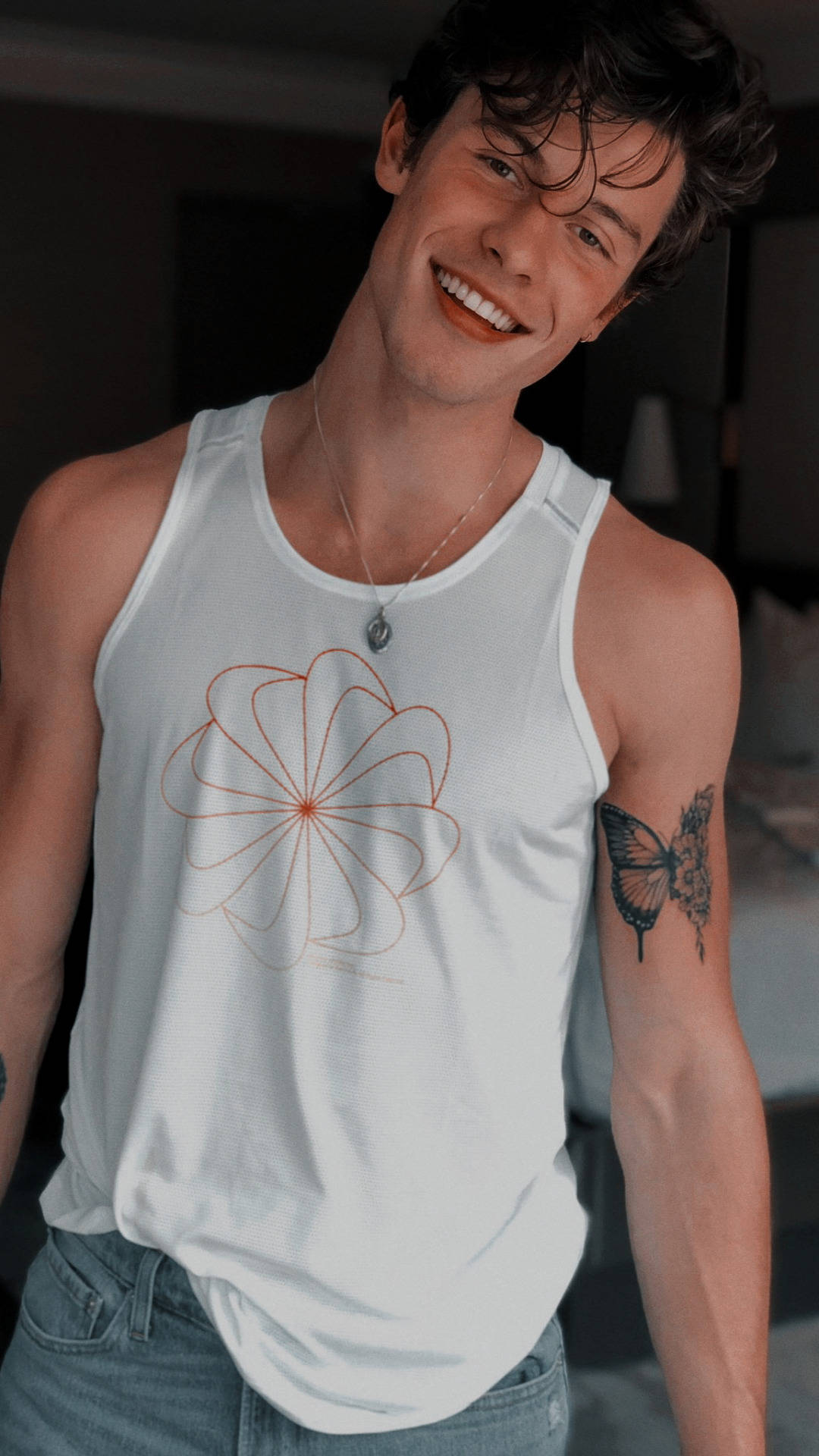 Shawn Mendes, butterfly tattoo, orange floral graphic, Full HD Phone Wallpaper