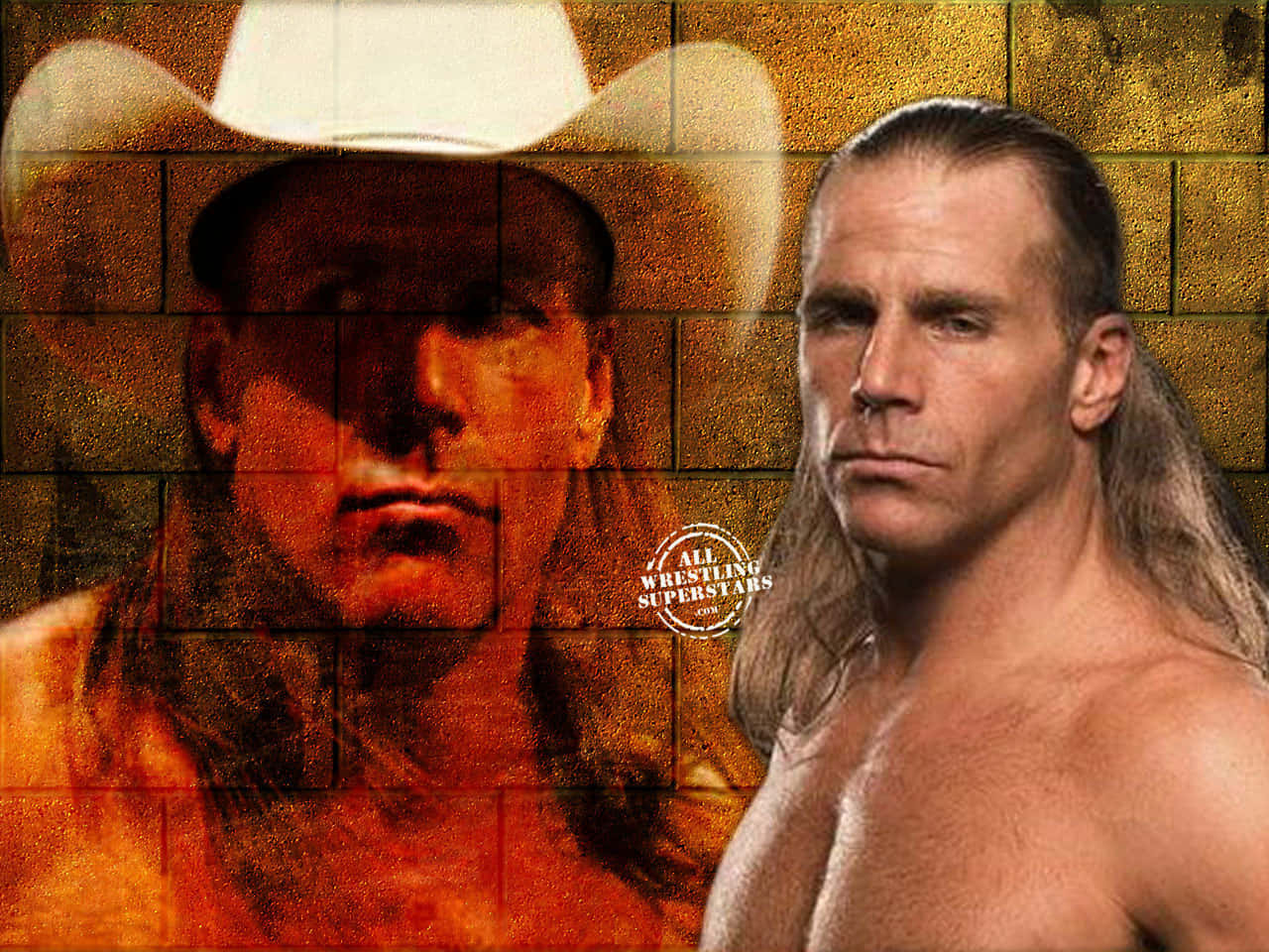 Shawn Michaels, cowboy hat, textured golden brick wall, HD Desktop Wallpaper