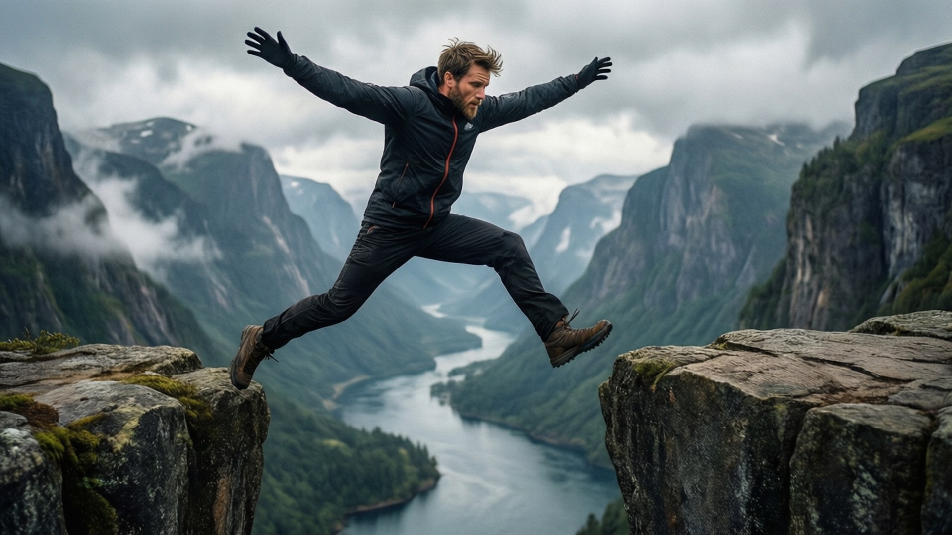 Shay Cormac, leap of faith, mountains, Full HD Desktop Wallpaper