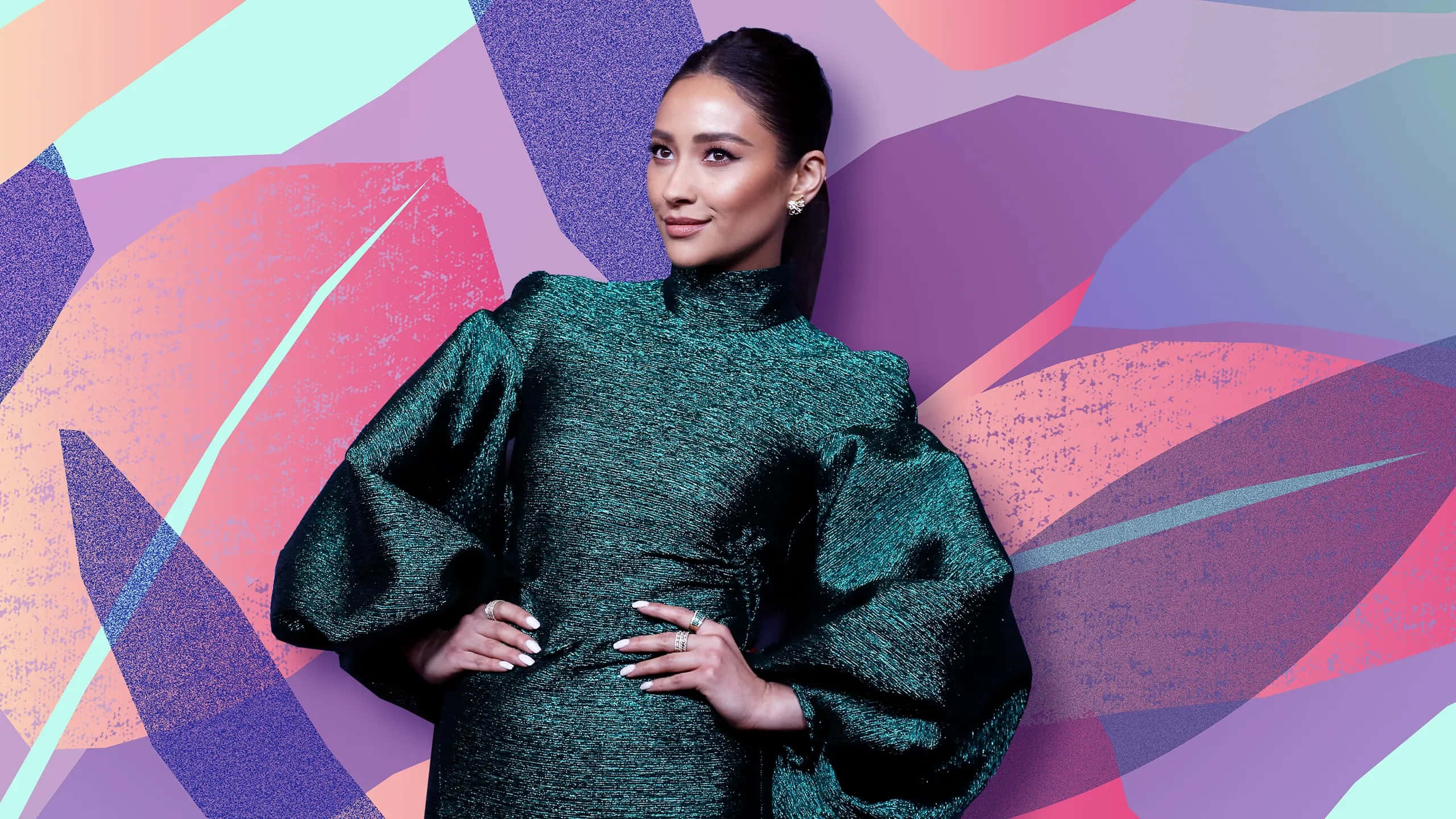 Shay Mitchell, emerald gown, vibrant abstract geometric background, 2K Desktop Wallpaper