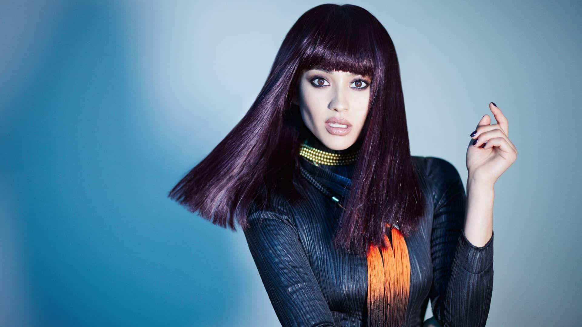 Shay Mitchell, long purple hair, orange streaks, Full HD Desktop Wallpaper
