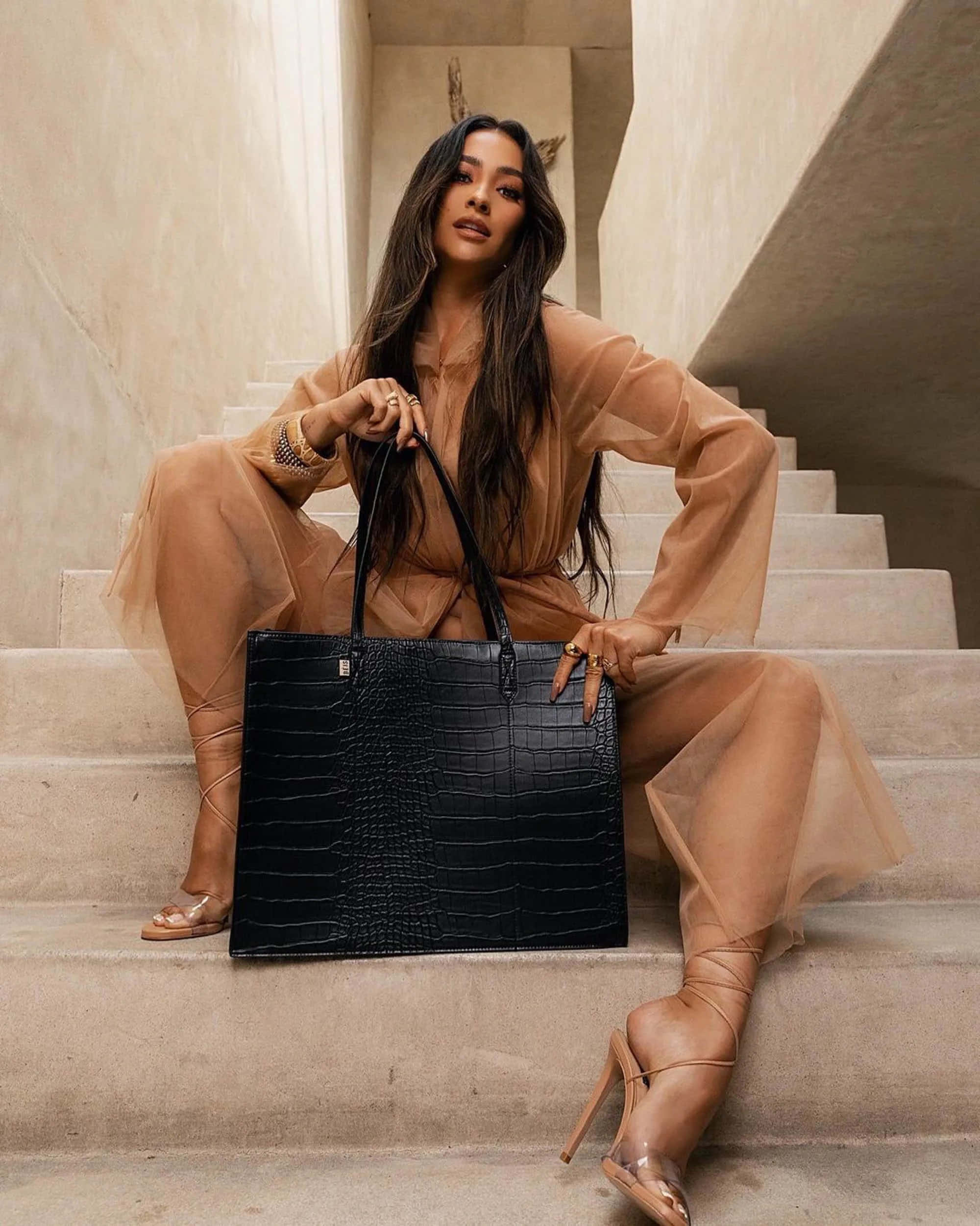 Shay Mitchell, sheer tan outfit, concrete stairs, Full HD Phone Wallpaper