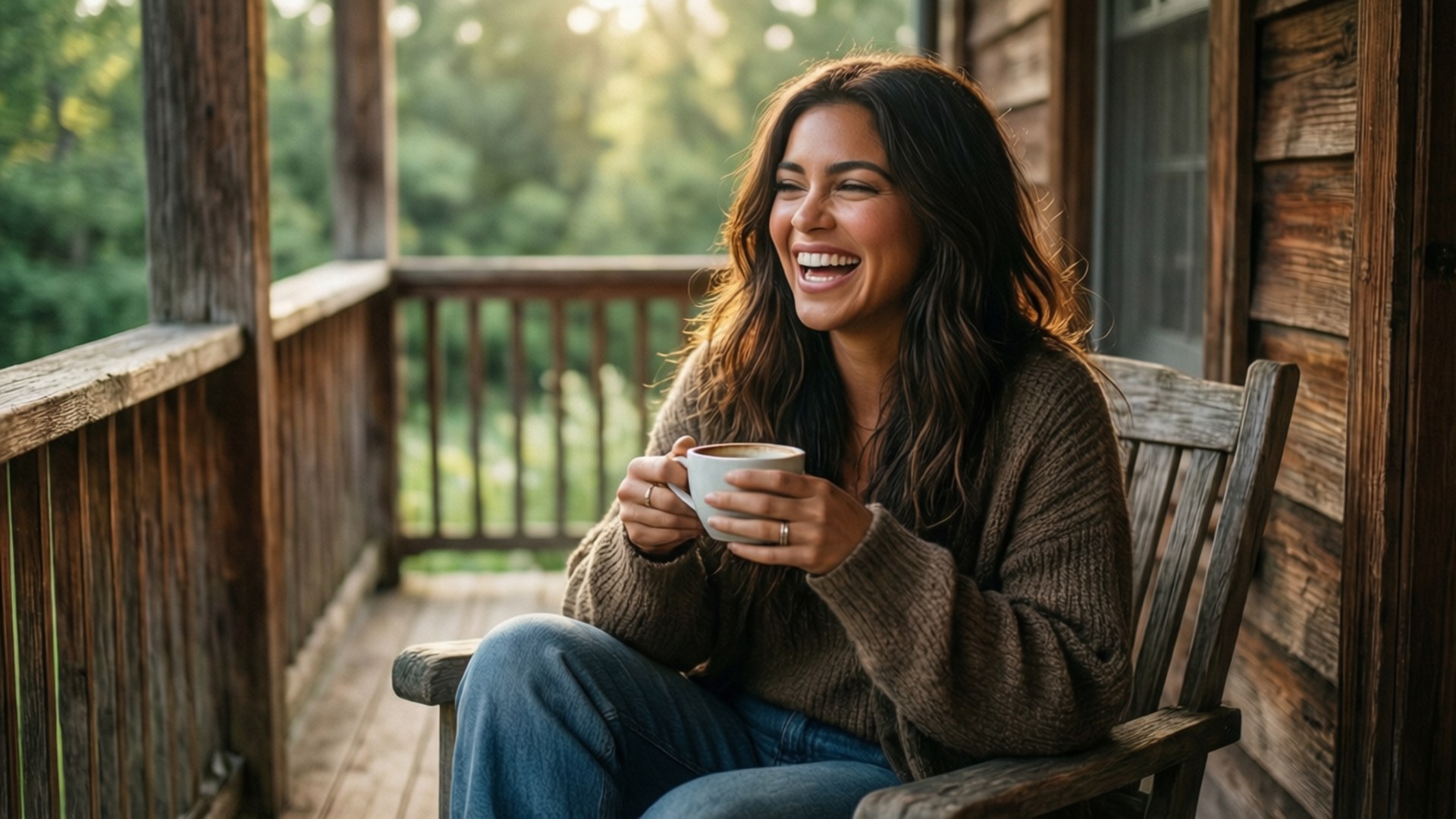 Shay Mitchell, morning coffee, rustic porch, Full HD Desktop Wallpaper
