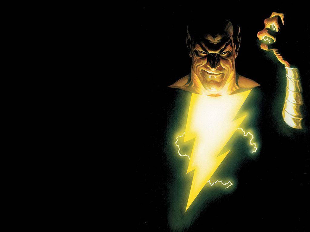 Shazam, glowing yellow lightning bolt, muscular superhero, SD Desktop Wallpaper