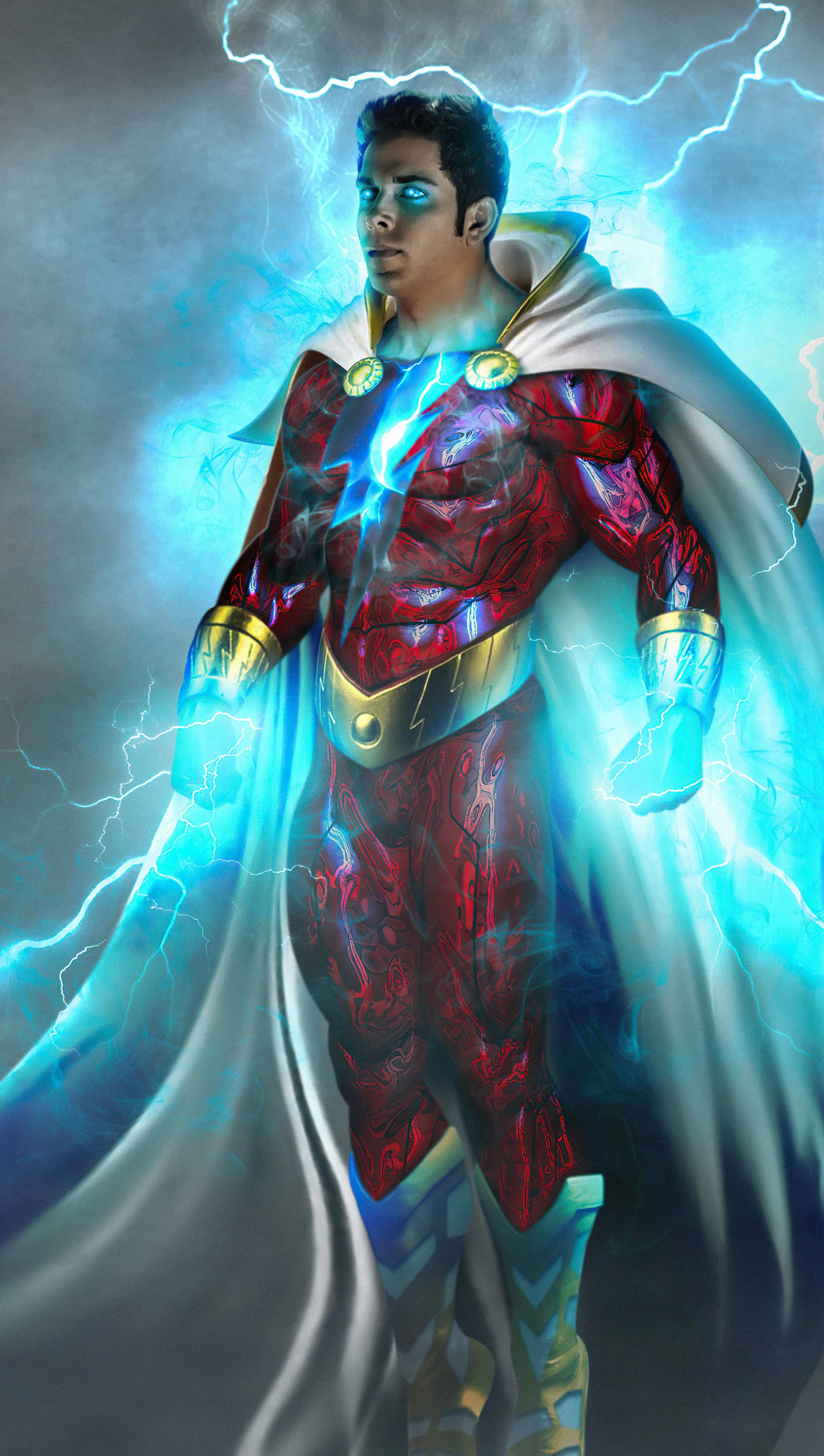 Shazam, blue lightning, red lightning-patterned suit, 2K Phone Wallpaper