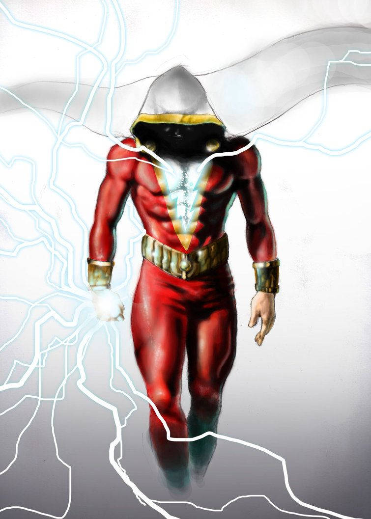 Shazam, red suit, white lightning bolt emblem, SD Phone Wallpaper