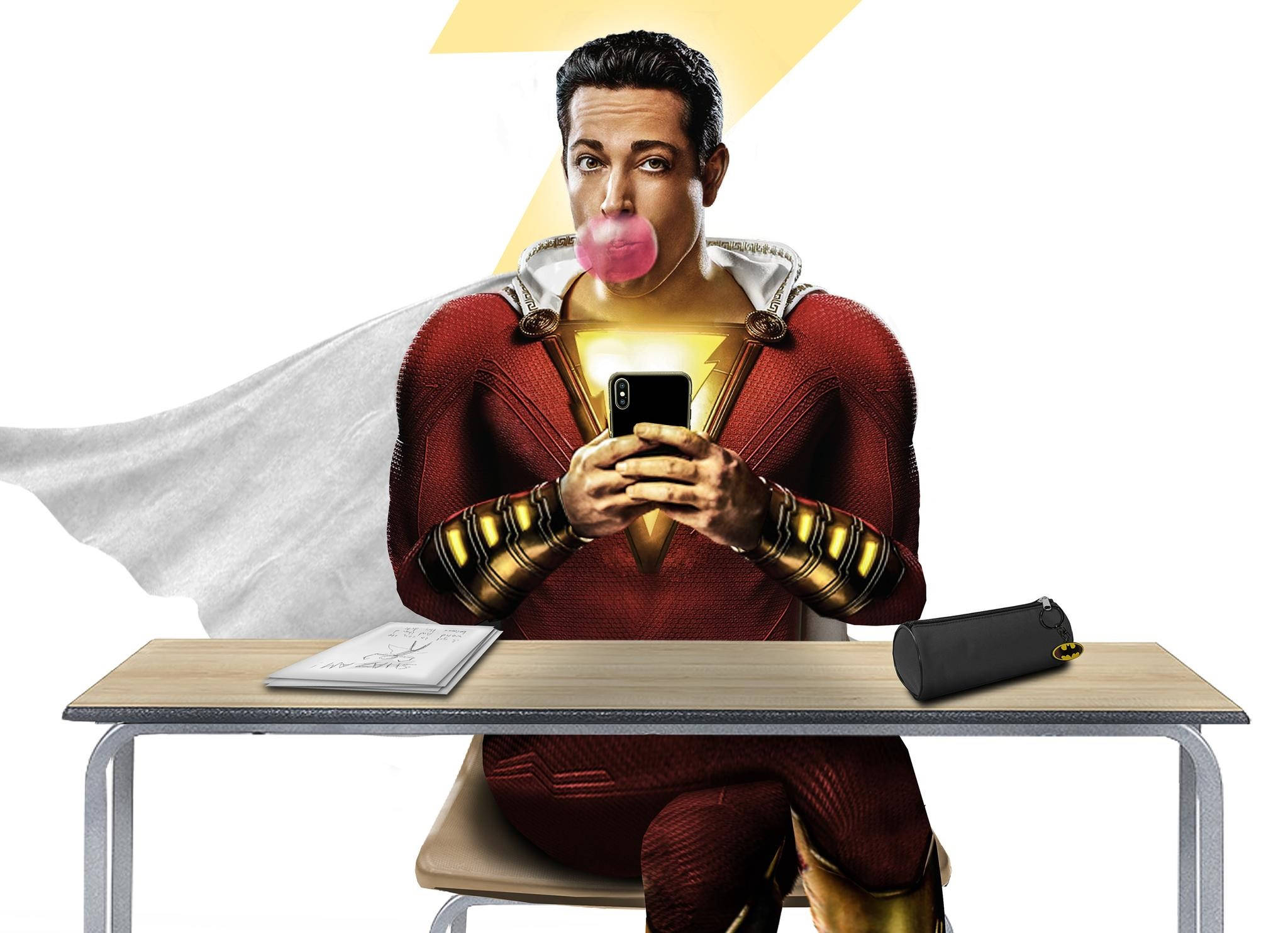 Shazam, red suit, pink bubblegum bubble, Full HD Desktop Wallpaper