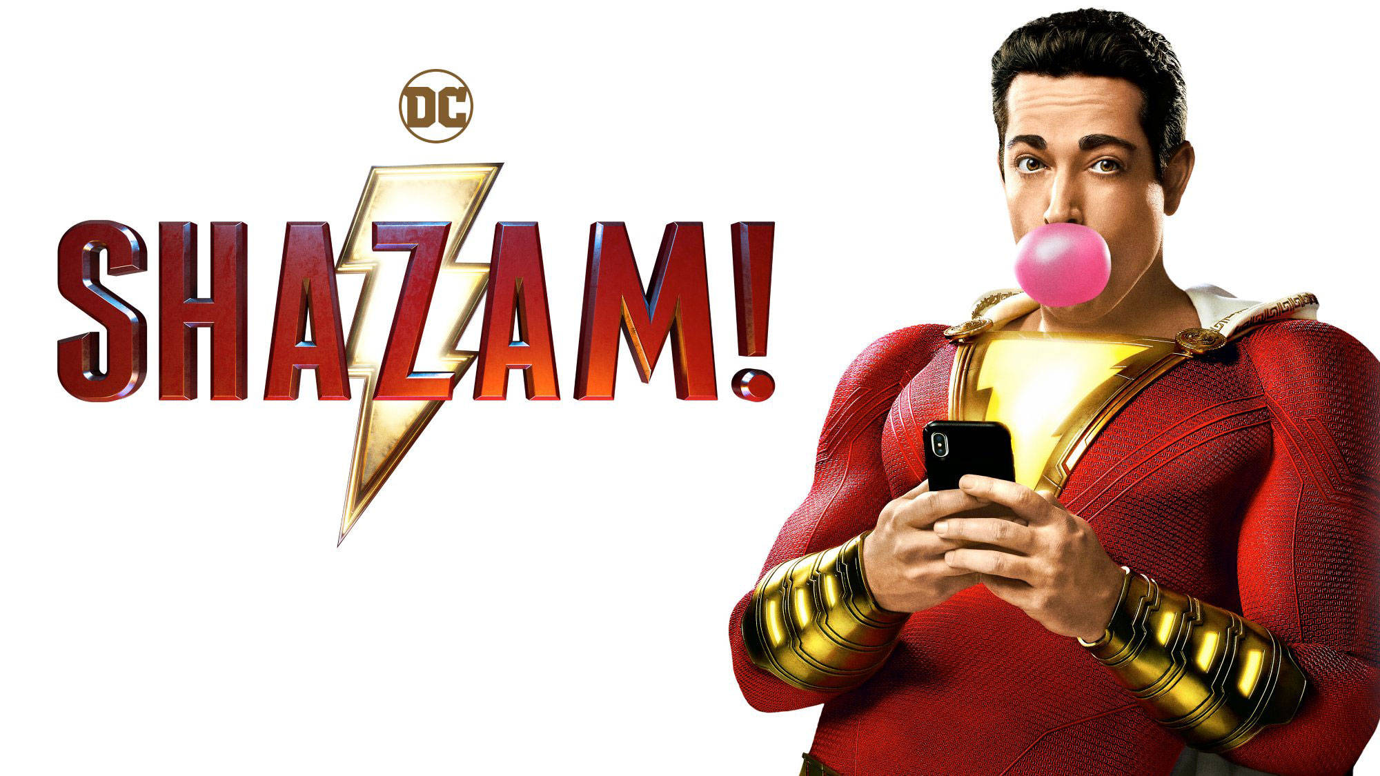 Shazam, red and gold costume, pink bubblegum, Full HD Desktop Wallpaper