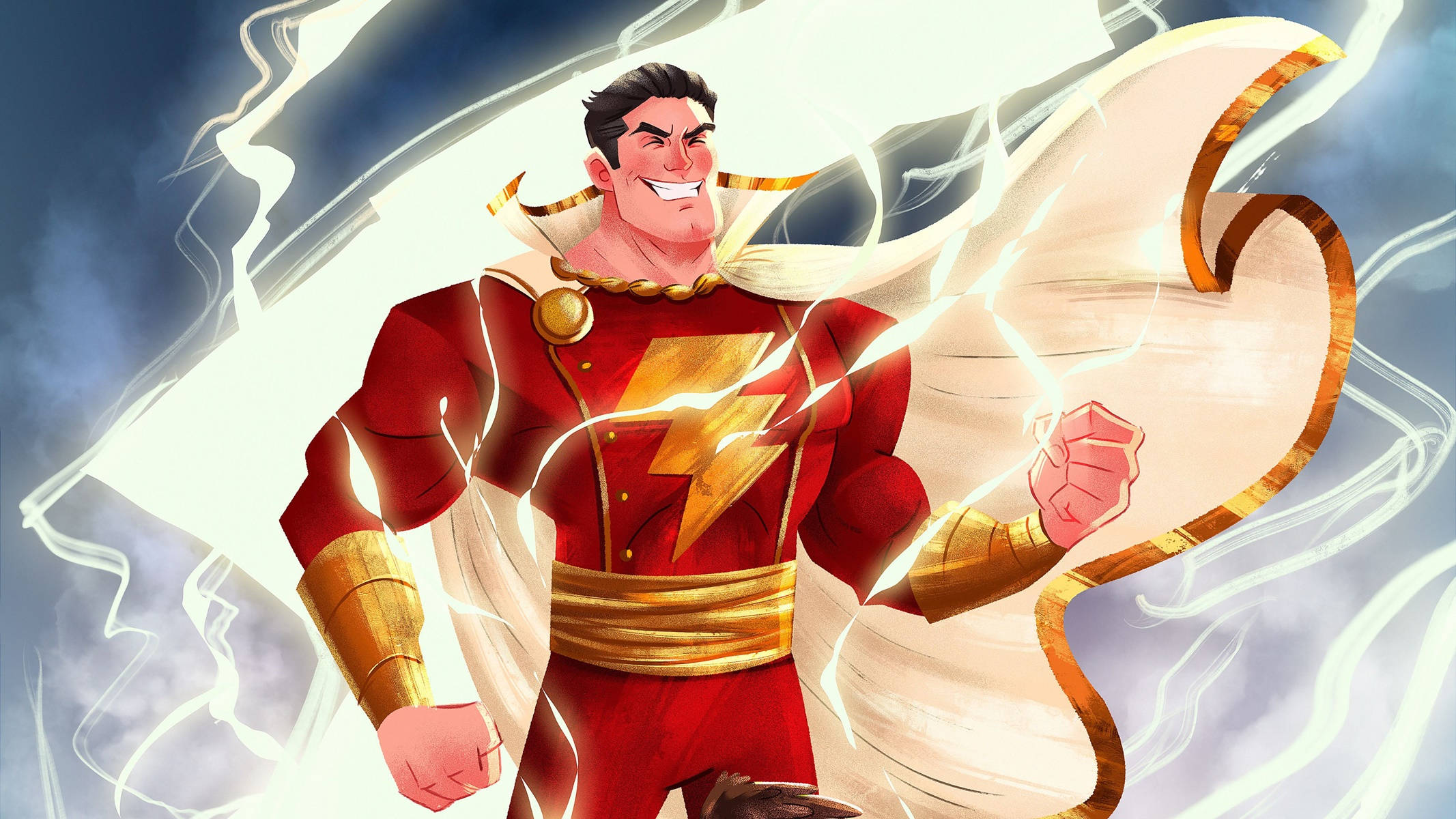 Shazam, lightning bolt emblem, red and gold suit, Full HD Desktop Wallpaper