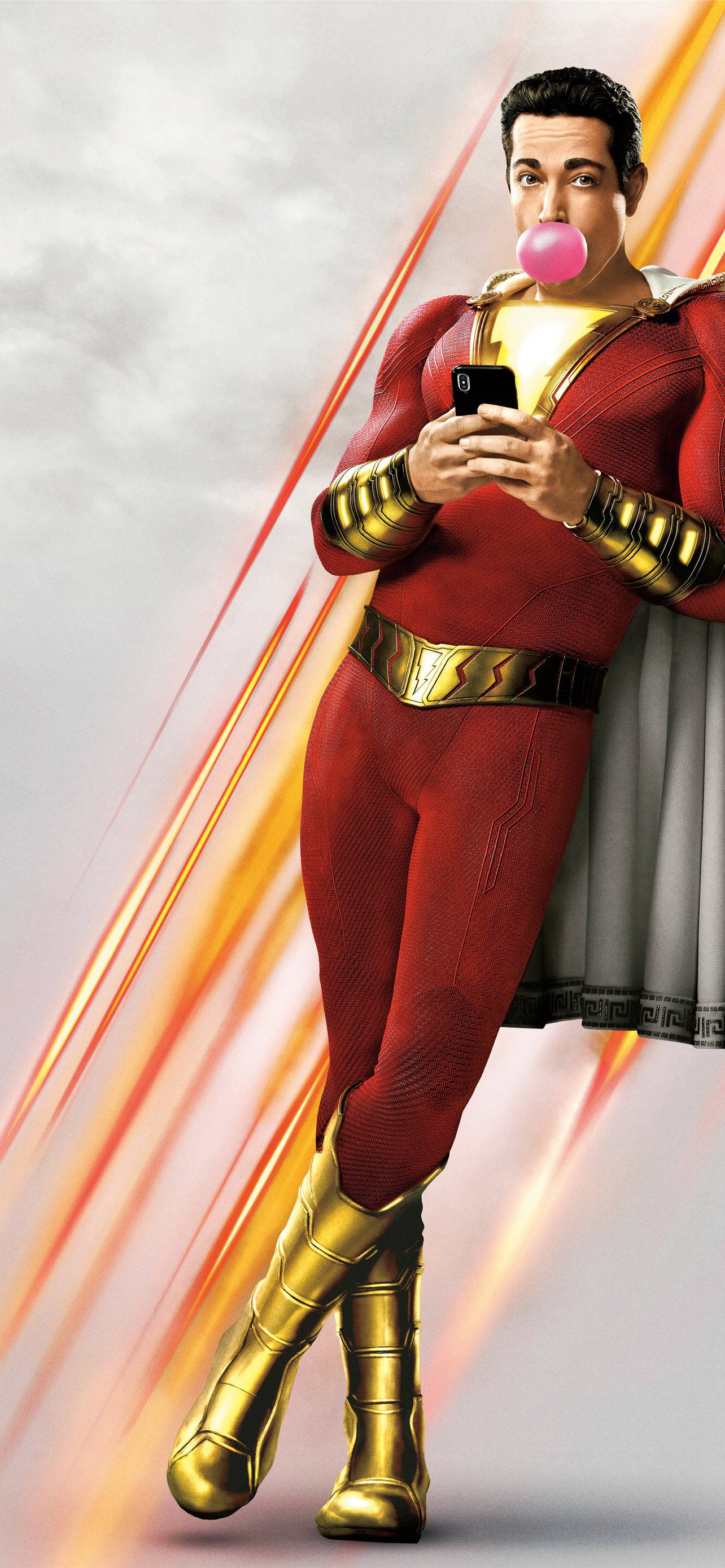 Shazam, red and gold suit, pink bubblegum, 2K Phone Wallpaper