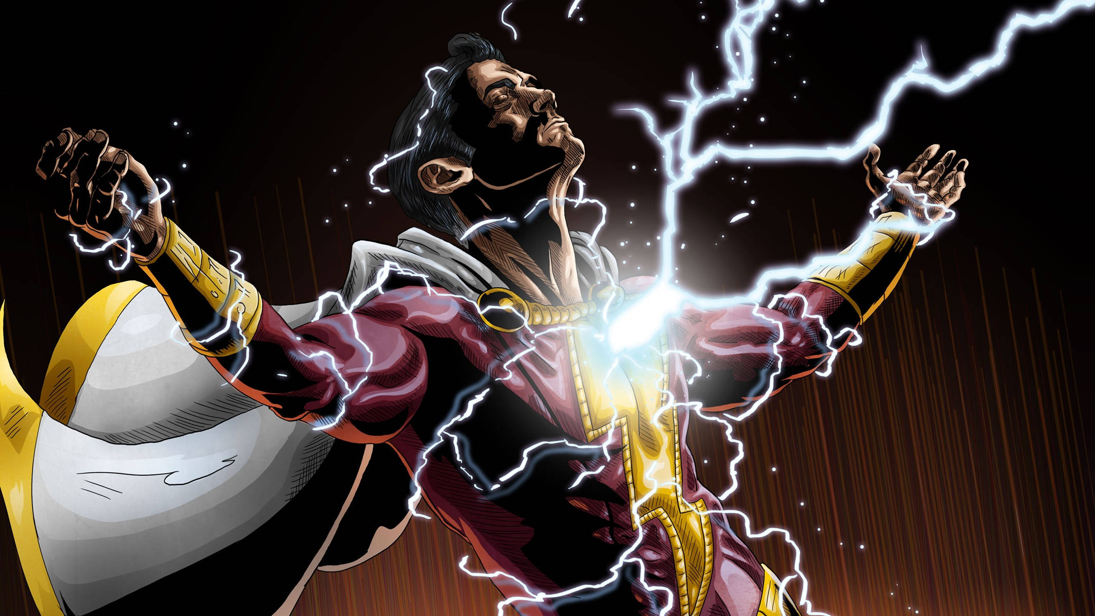 Shazam, red gold and white costume, crackling lightning, Full HD Desktop Wallpaper